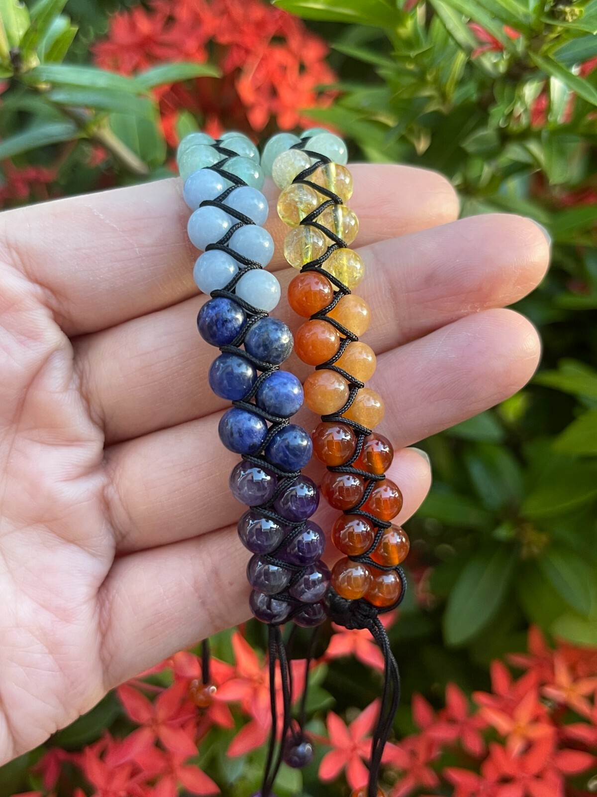 7 Chakra Bead Double Row Adjustable Bracelet 6mm, Genuine Gemstone Bracelet