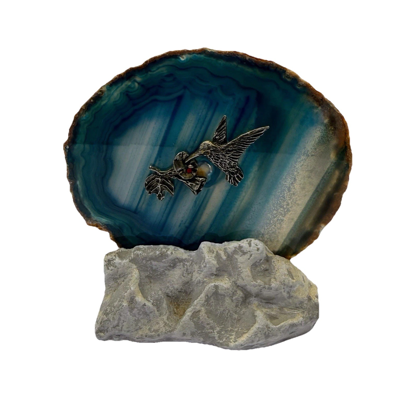 Blue Quartz Agate Slab Silver Hummingbird Tea light Rock Art H24