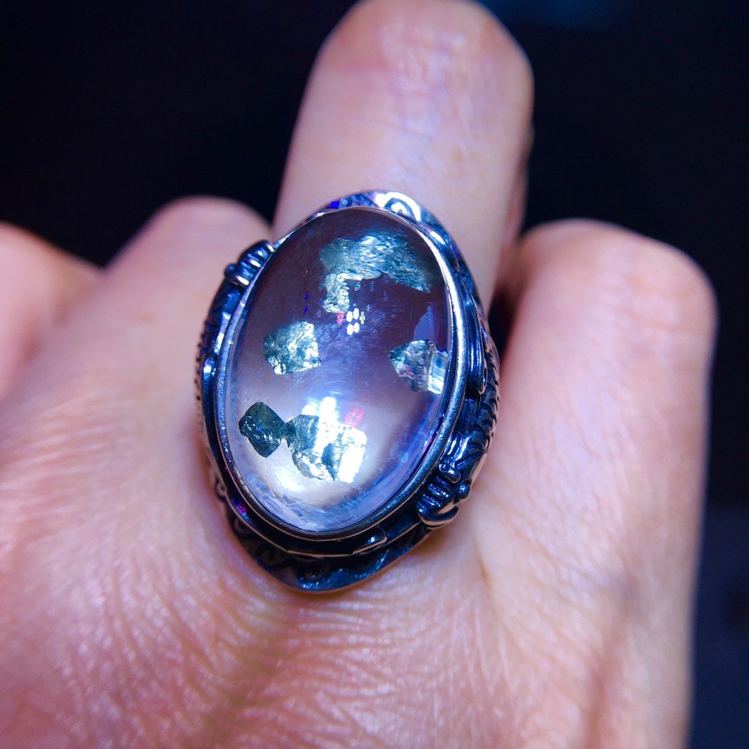 All-natural chalcopyrite oversized gemstone ring with full bezel