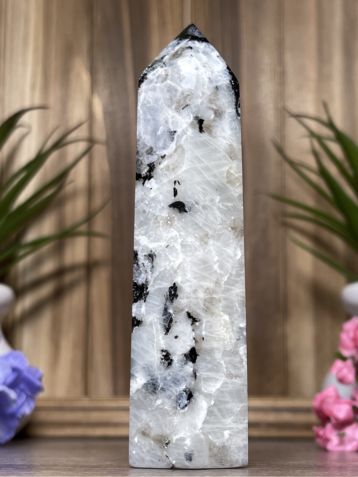 RAINBOW MOONSTONE TOWER – Mineral Crystal Point White Blue Chakra Reiki Witch
