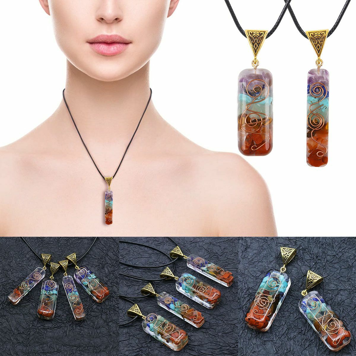 7 Chakra Energy Generator Pendant Copper Coil Orgonite Necklace HANDMADE Rainbow
