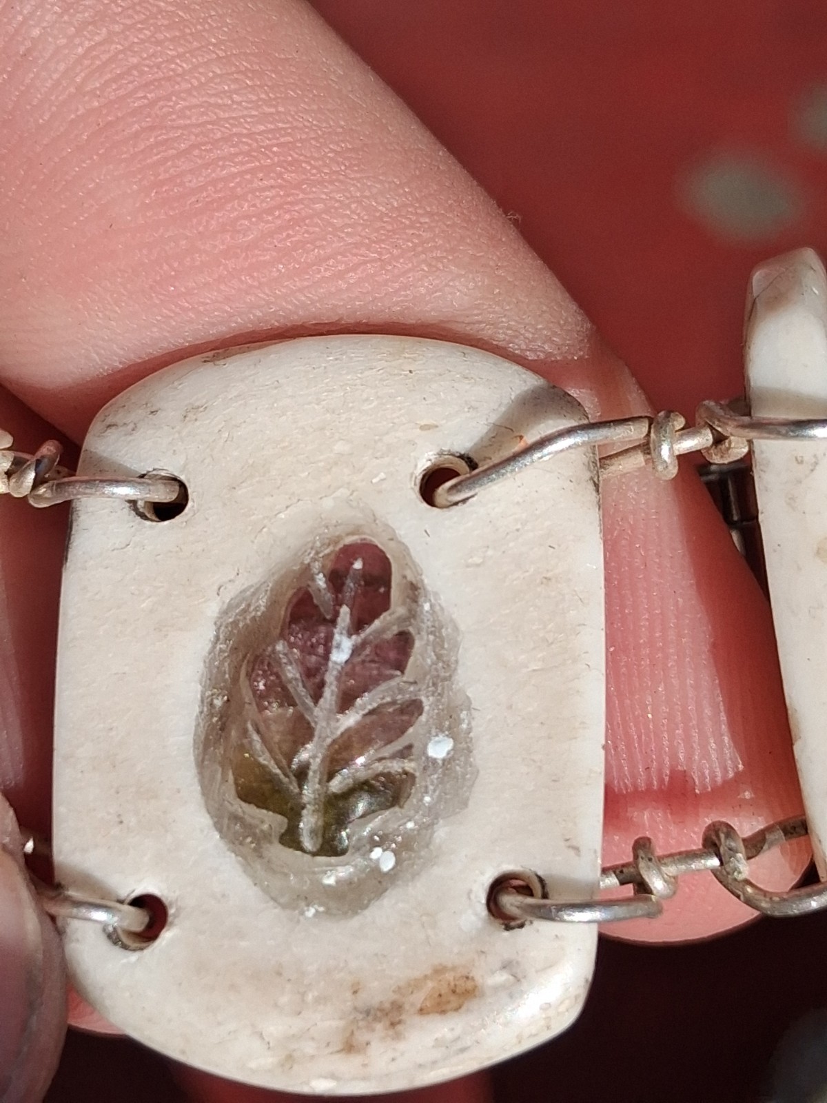 6 Inch Leaf Carved Watermelon Tourmaline In Water Buffalo Bone Bracelet