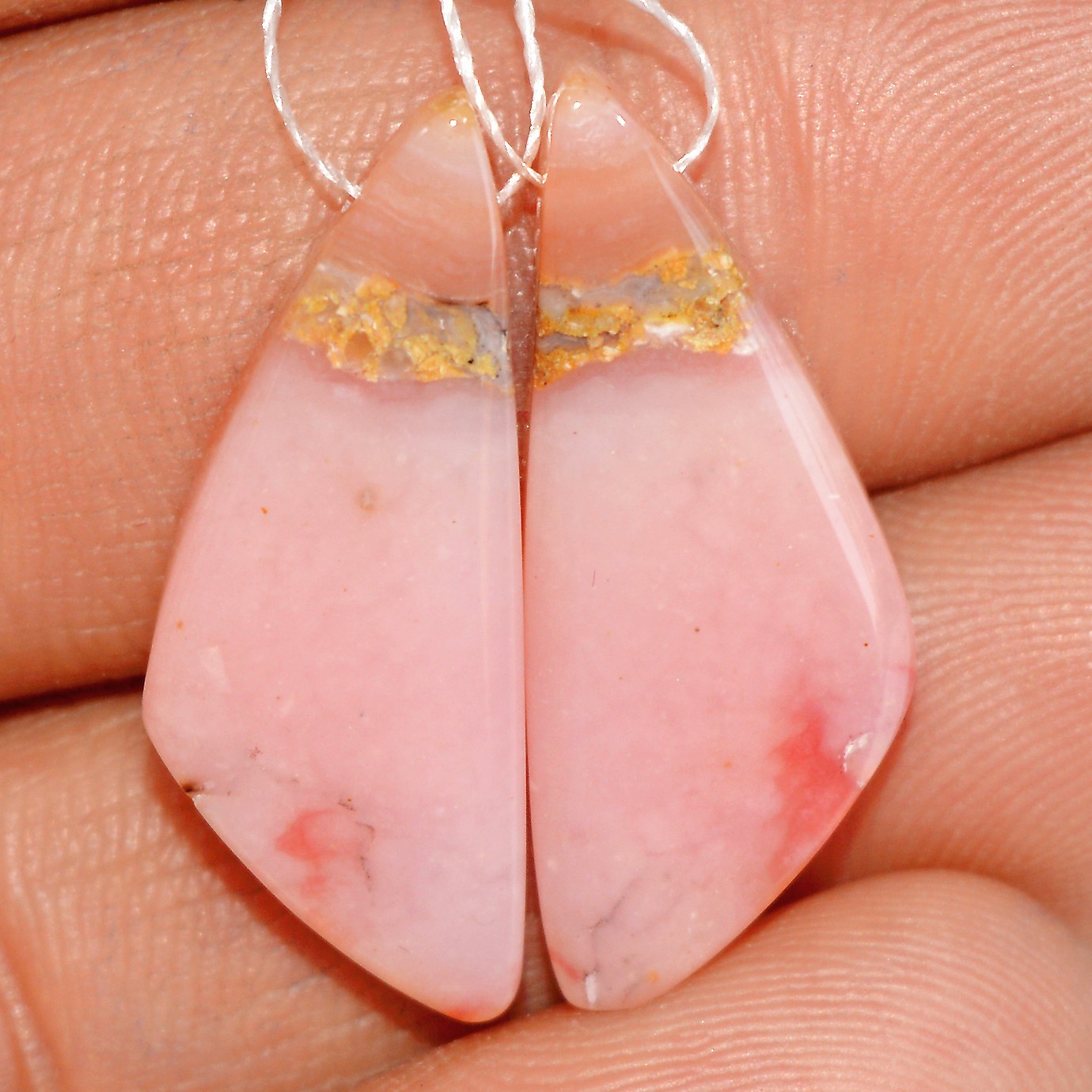 18 Cts Natural Pink Opal Cabochon Gemstone Side Drill Earring Pair 25x10mm #P500