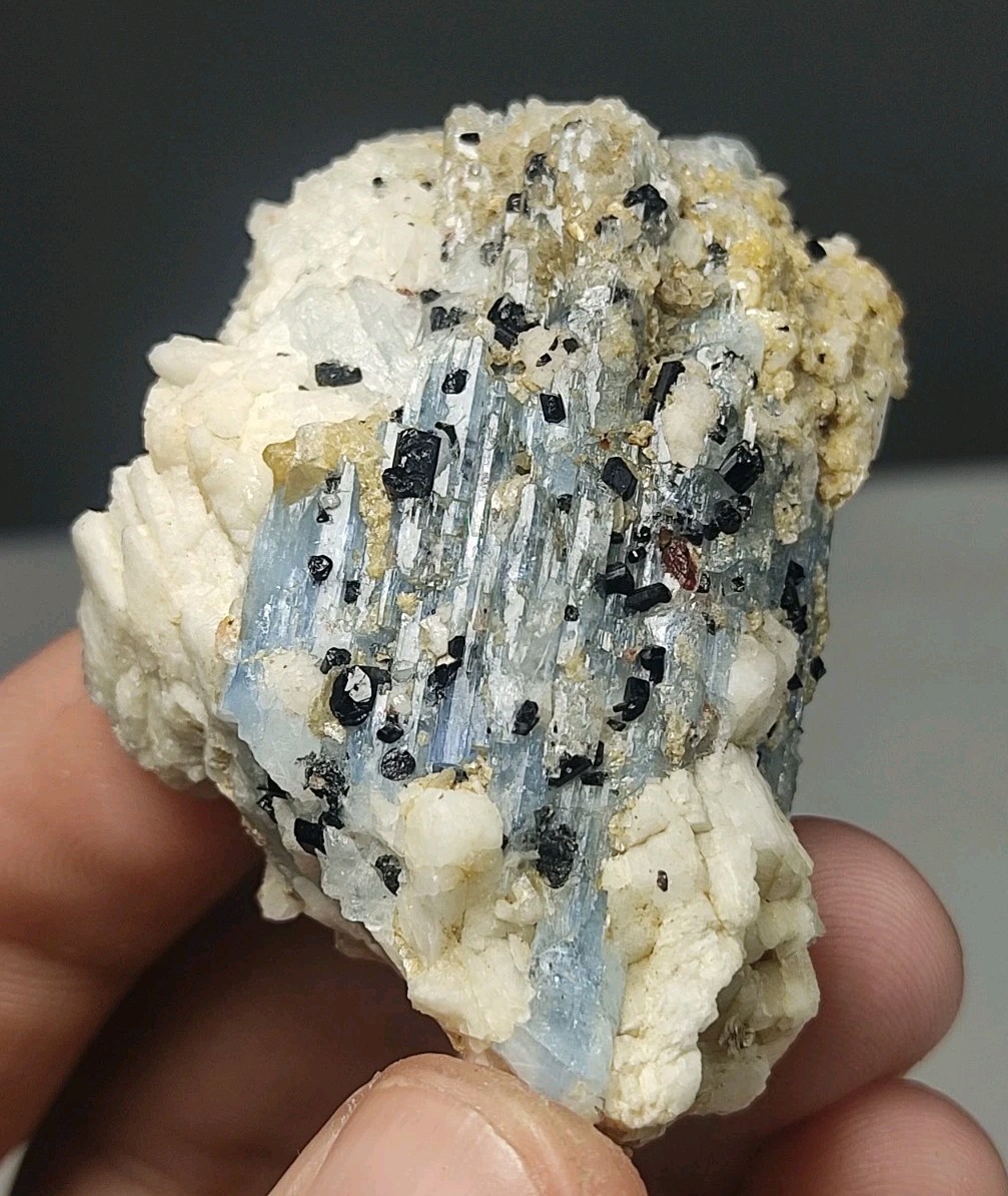 61 gm Stunning Aquamarine Crystals With Black Tourmaline Spray On Albite.