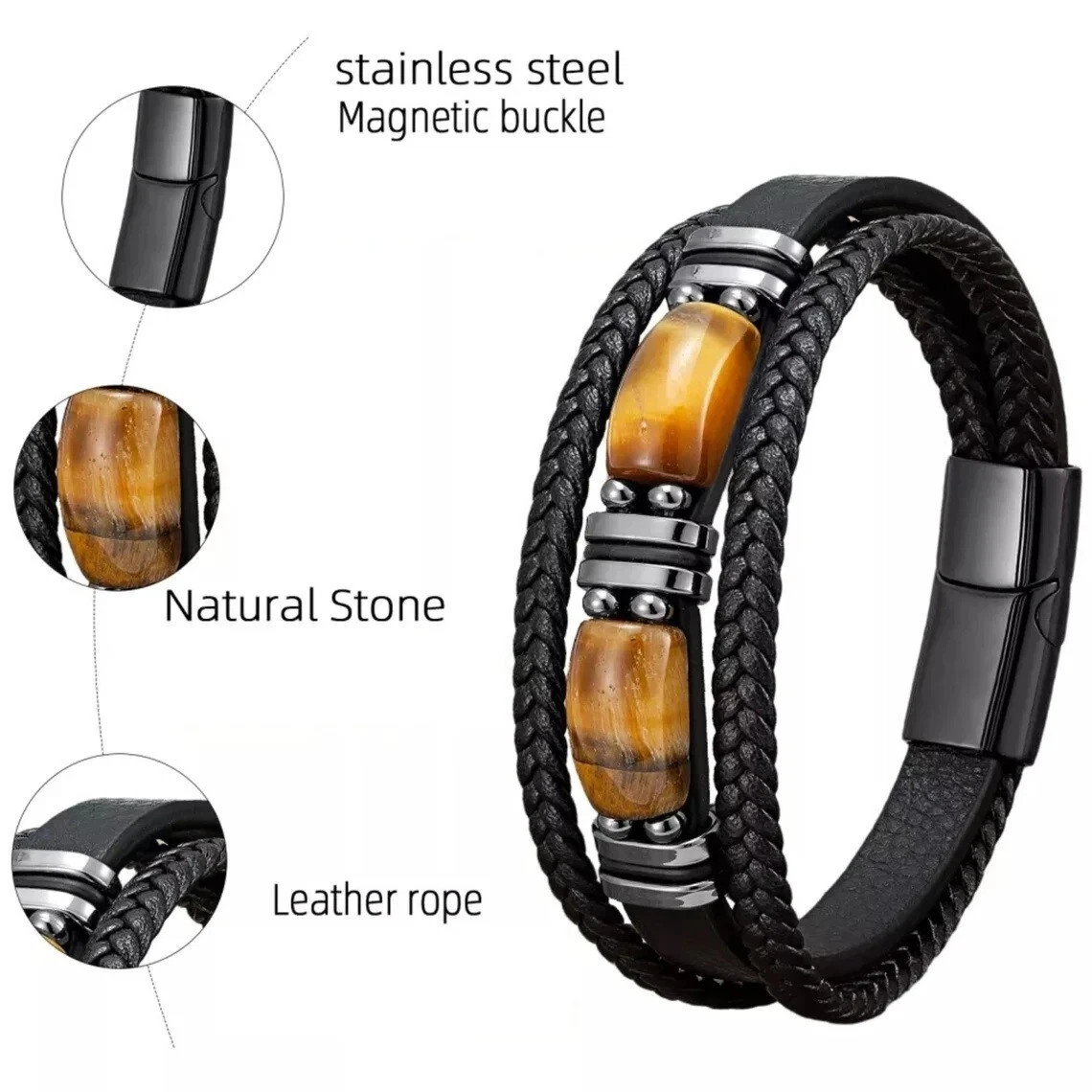 Tiger’s Eye Beaded 3 Strand Handmade Fashion Healing Strength Men Bracelet Gifts