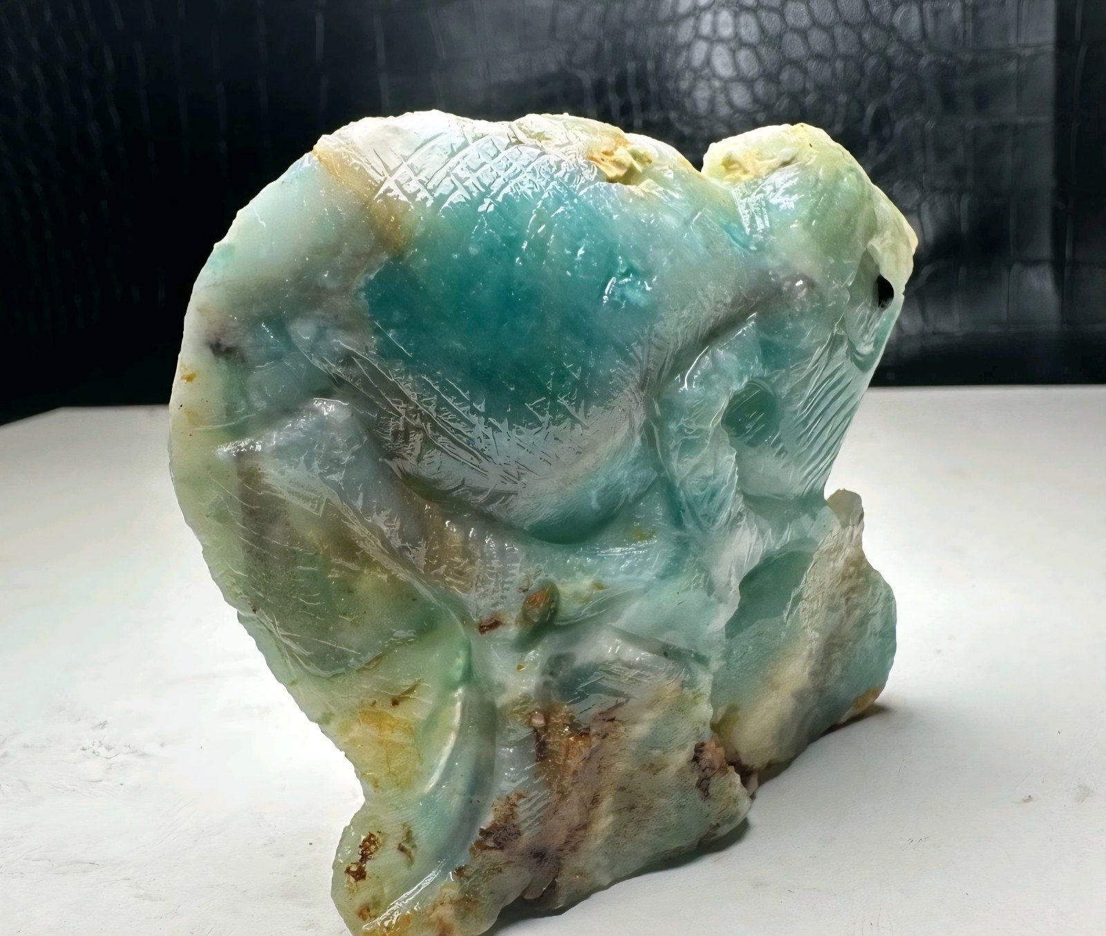Natural Crystal Mineral Specimen. Amazon Stone. Hand-carved Chameleon Statue