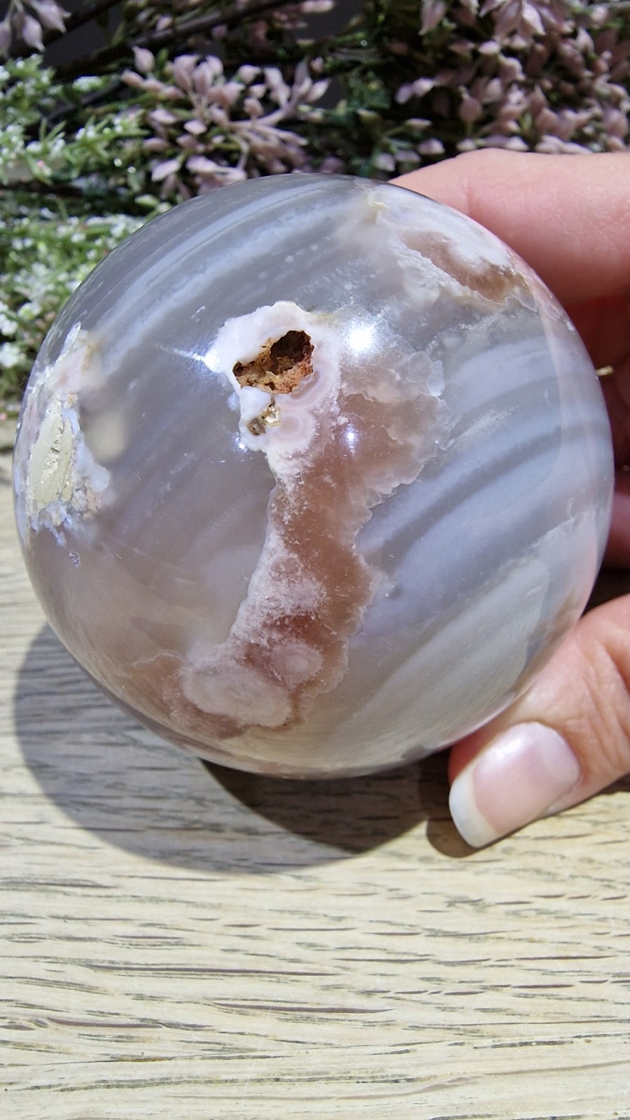 Flower Agate Crystal Sphere 537g 73mm UV Reactive Free Stand