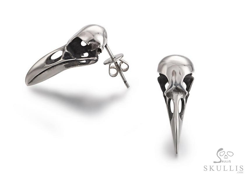 Oxidized 925 Sterling Silver Carved Crystal Raven Skull Earrings, Healing