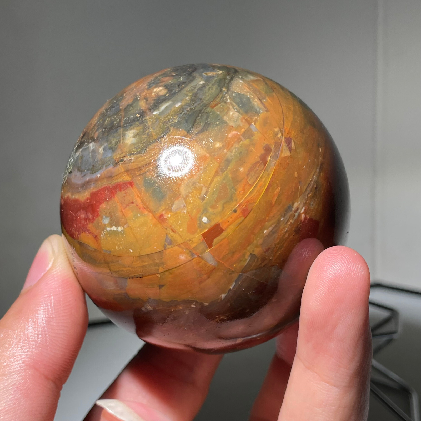 Rare 449g Polished Orbicular Ocean crystal Jasper Sphere Reiki Healing + Stand