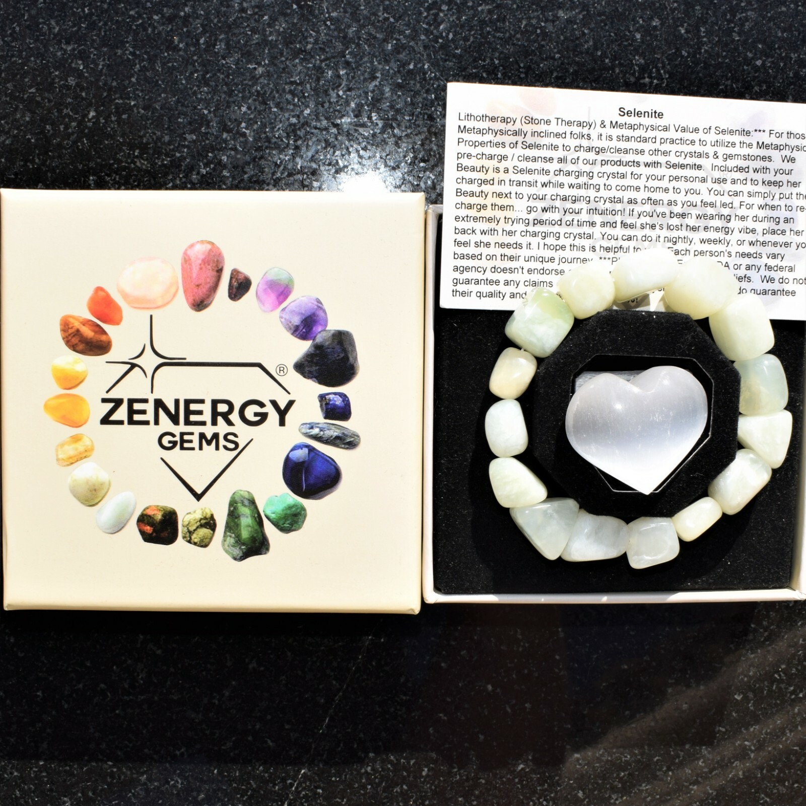 Premium CHARGED Serpentine Crystal Nugget Stretchy Bracelet + Selenite Heart