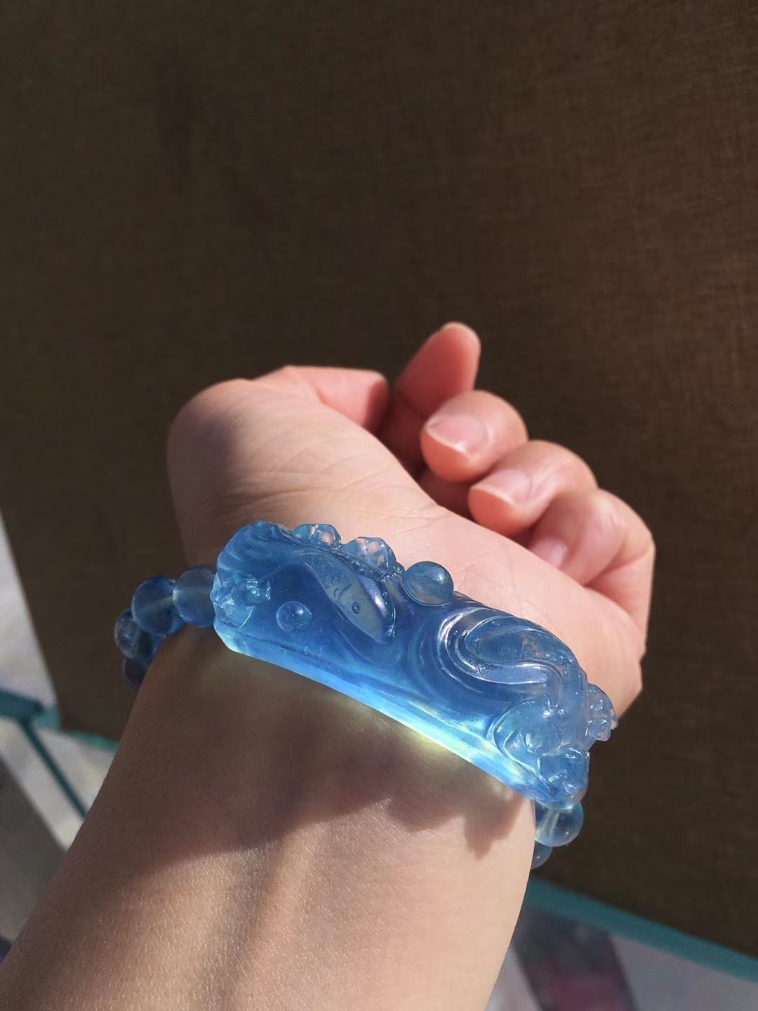 Rare Natural Aquamarine Quartz Healing Crystal Carved Fish bracelet Decor Reiki