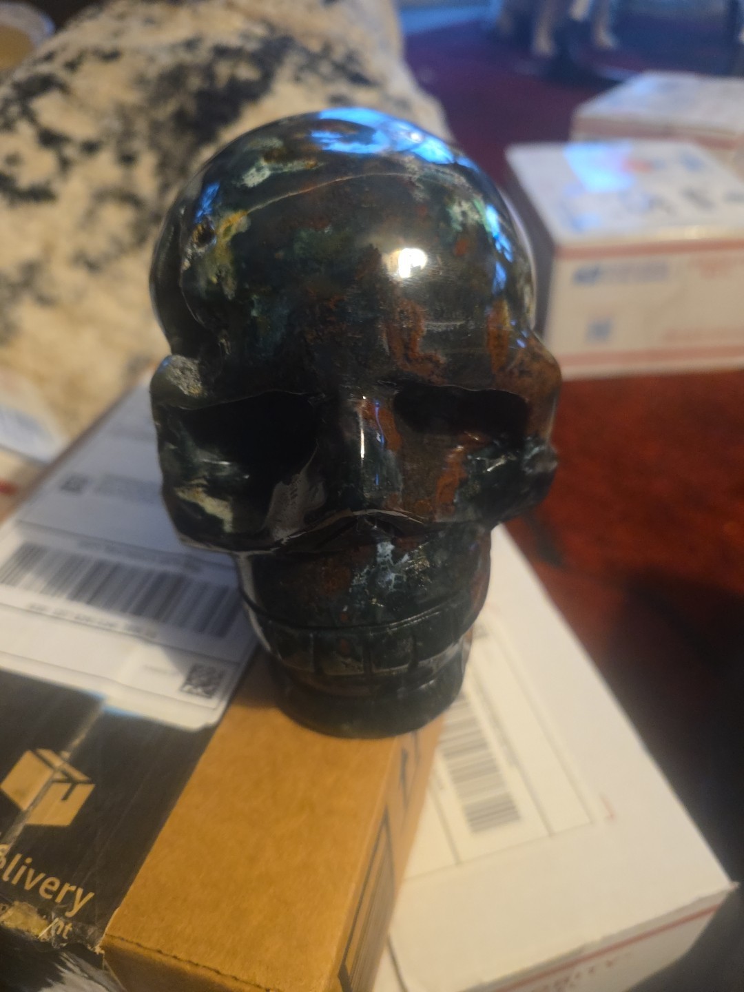 Huge Moss agate Human Skull, Giant, Massive Carving, With Druzy, Red And Greens