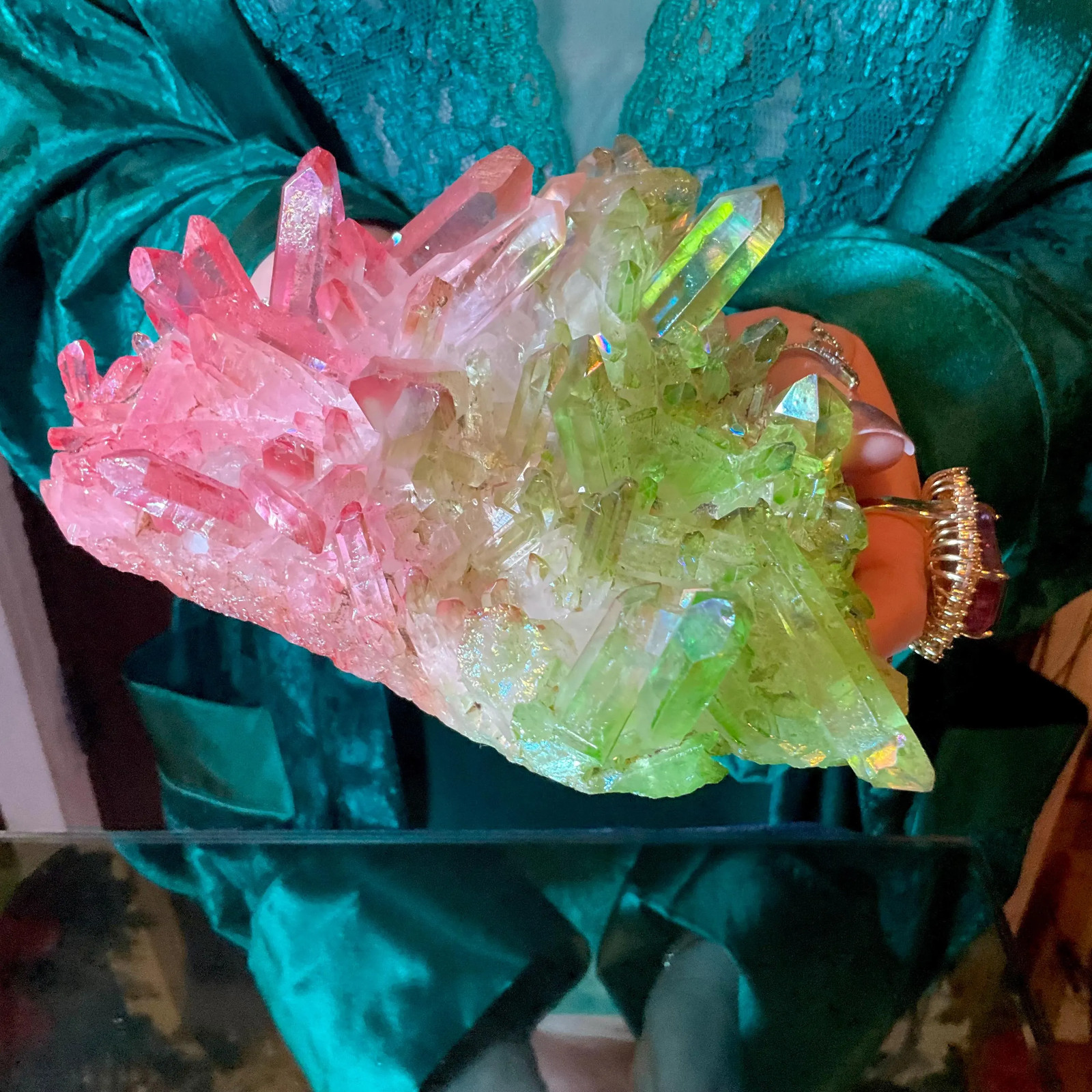 Pink & Green Aura Quartz Crystal Cluster ~ Large 1 Lb. 5 oz. ~ 6″ Long ~ Electr