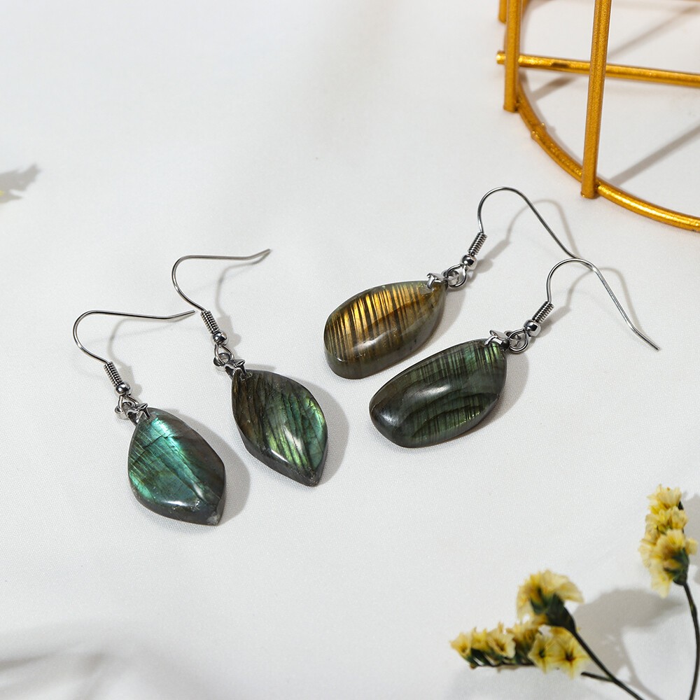 Natural Drop Labradorite Dangle Hook Earrings Crystal Quartz Healing Jewelry