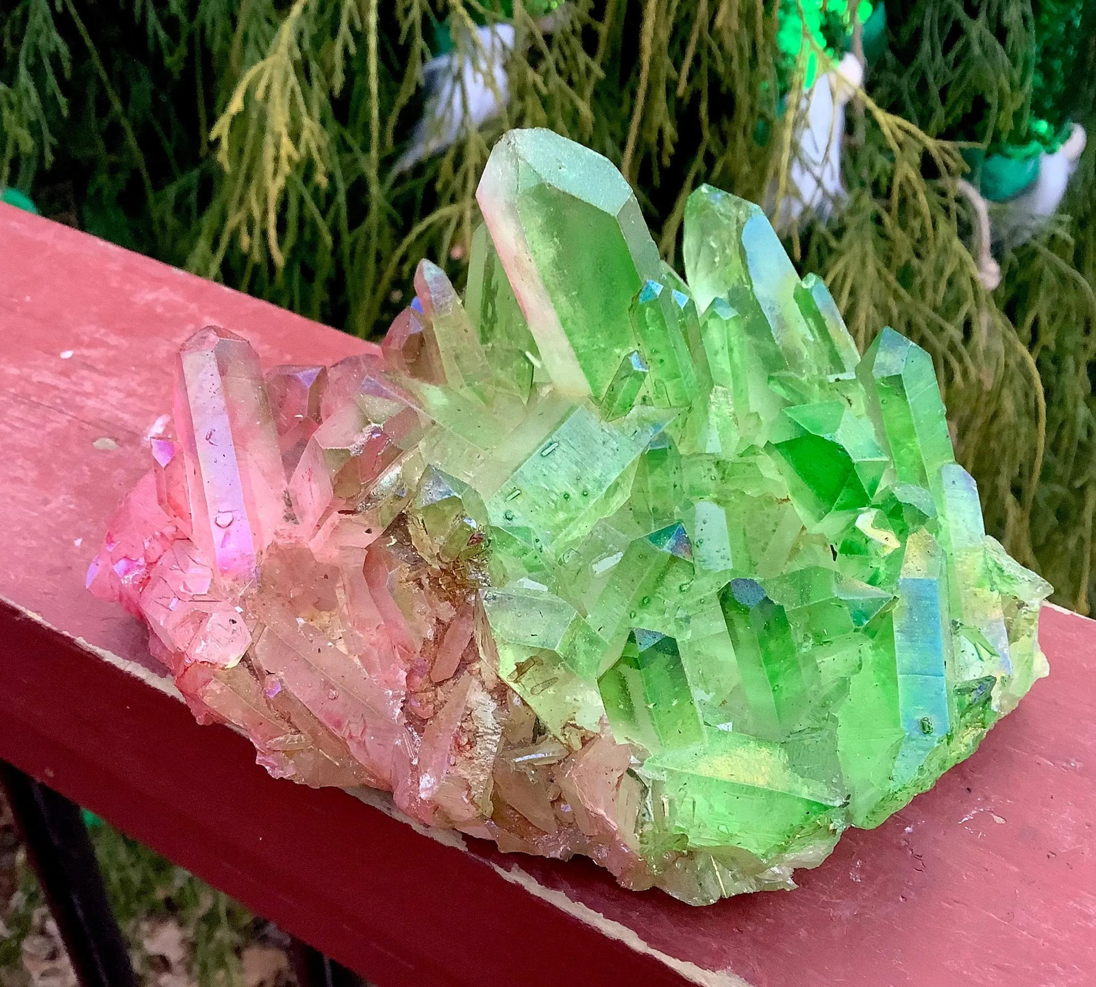 Green and Pink Aura Quartz Crystal Cluster ~ 1 Lb. 8 oz ~ 5 1/2″ Long ~ Heart C