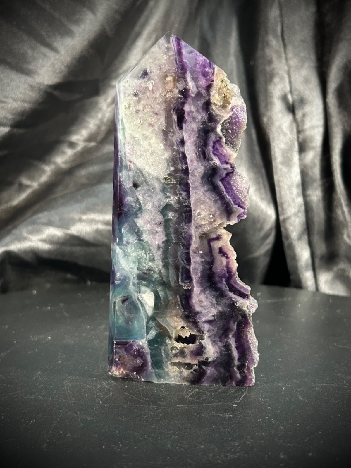 4.82″ Rainbow Fluorite 4 Polished/1 Natural Sided Tower 8.5oz (240 grams)