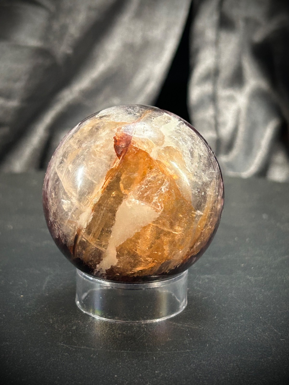 2″ Gem Lipidolite and Hematoid Quartz Sphere with Acrylic Stand 6.5 oz
