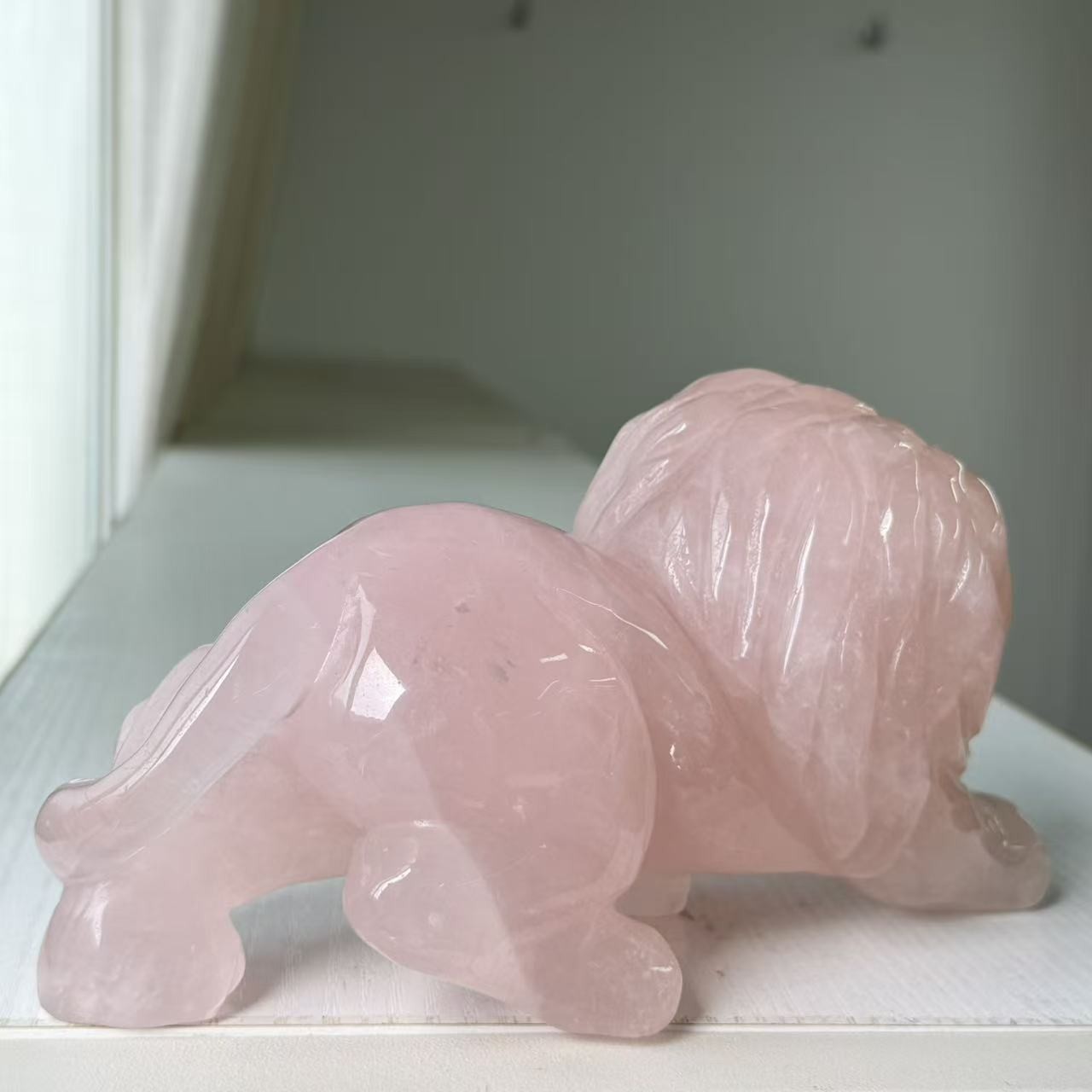 3.74LB Large Natural Rose Quartz Lion Statue Crystal Carving Home Decor FengShui