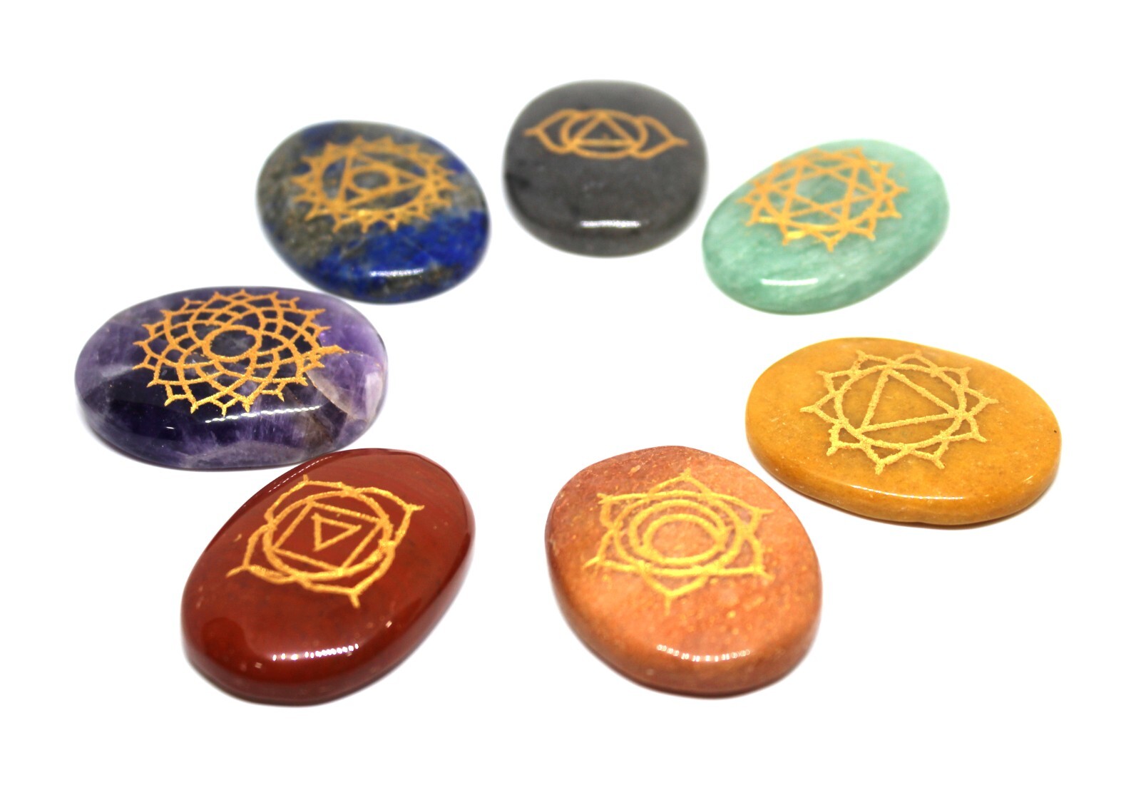 Set Of 7 Chakra Sanskrit Palm Stone Reiki Energy Charged Chakra Crystal Engraved