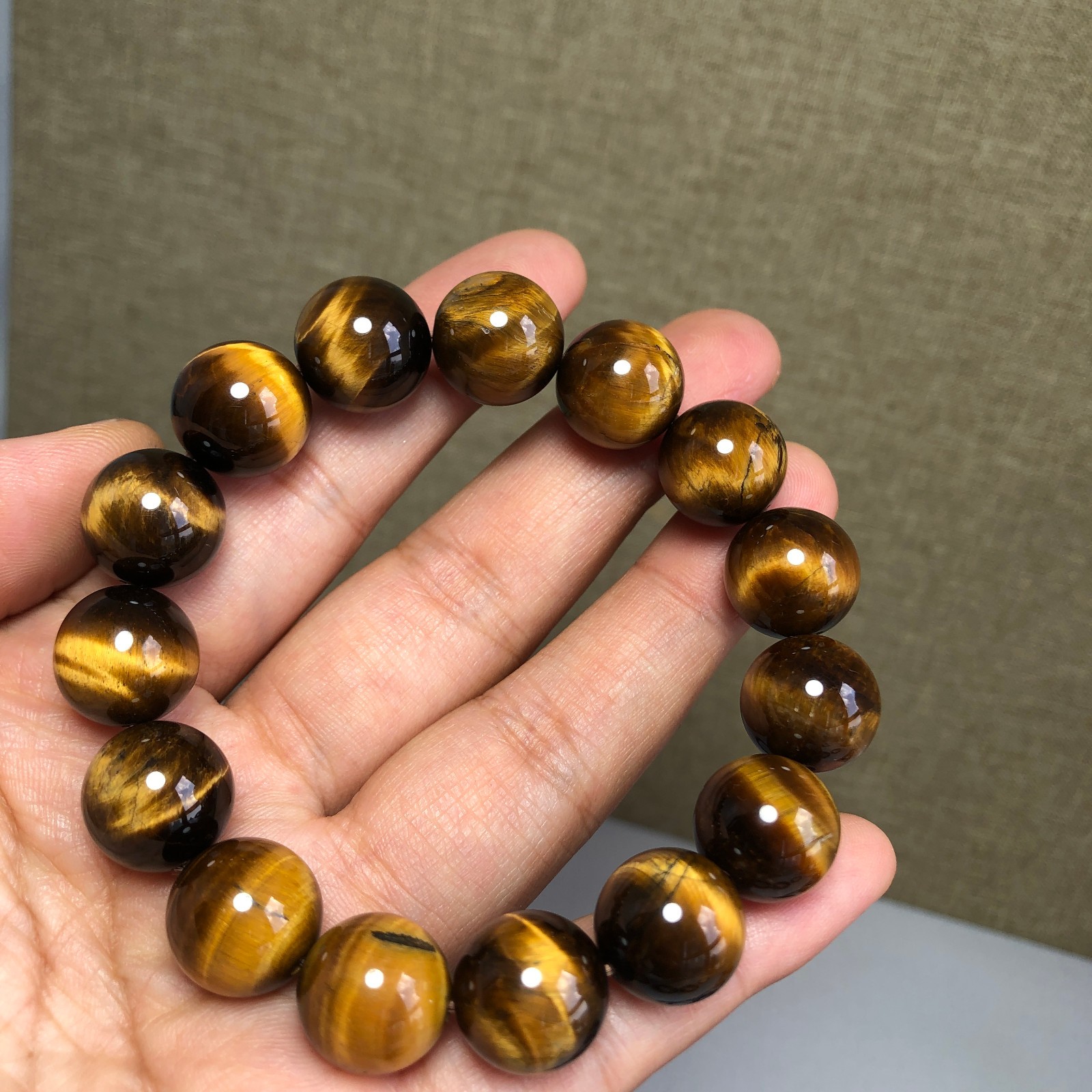 14mm Natural yellow tiger eye Crystal Quartz chain beads bracelet 58.3g g7637