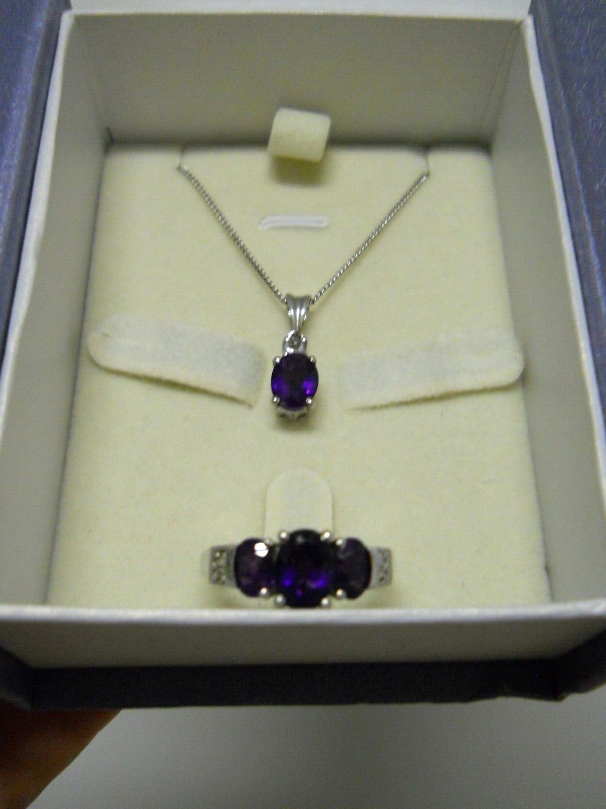 Sterling Silver Purple Amethyst Jewelry Set, 24″ Necklace & Ring Size 7.5 #866