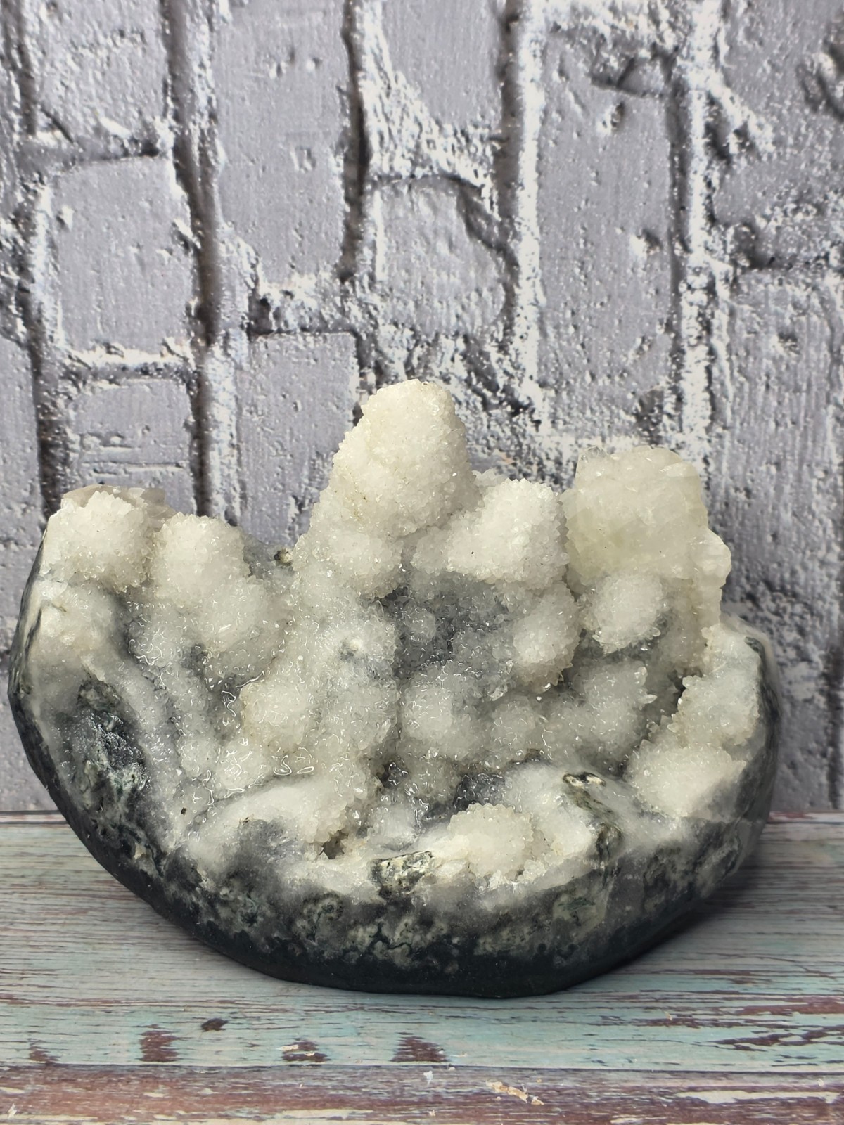 Large White Druzy Quartz Calcite Crystal Bowl UV Reactive Display Specimen 1.21k