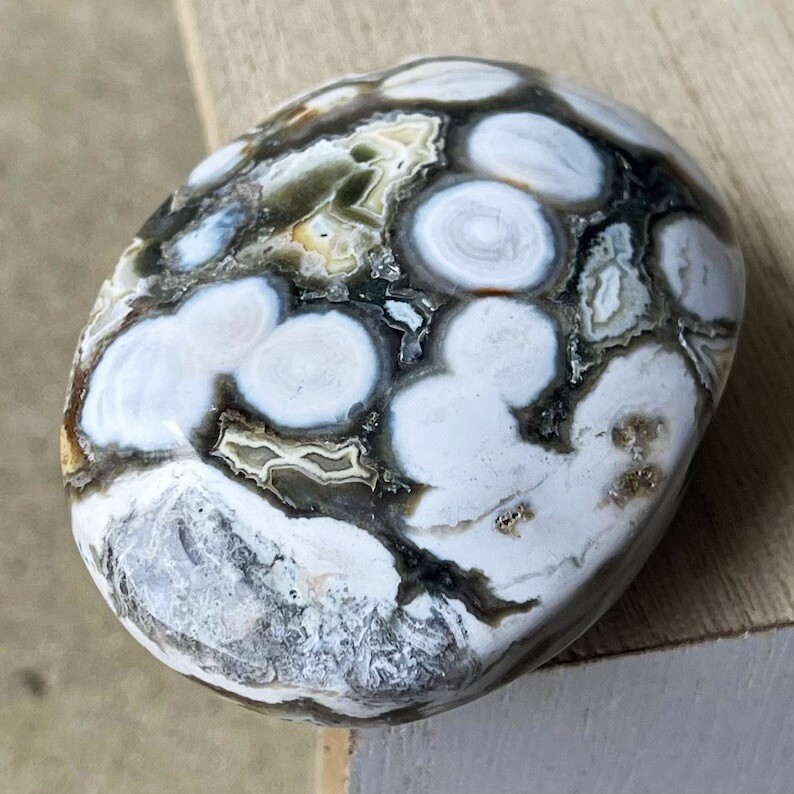 8th Vein Ocean Jasper Big Palmstone with Orbs and Quartz Collectors Crystal