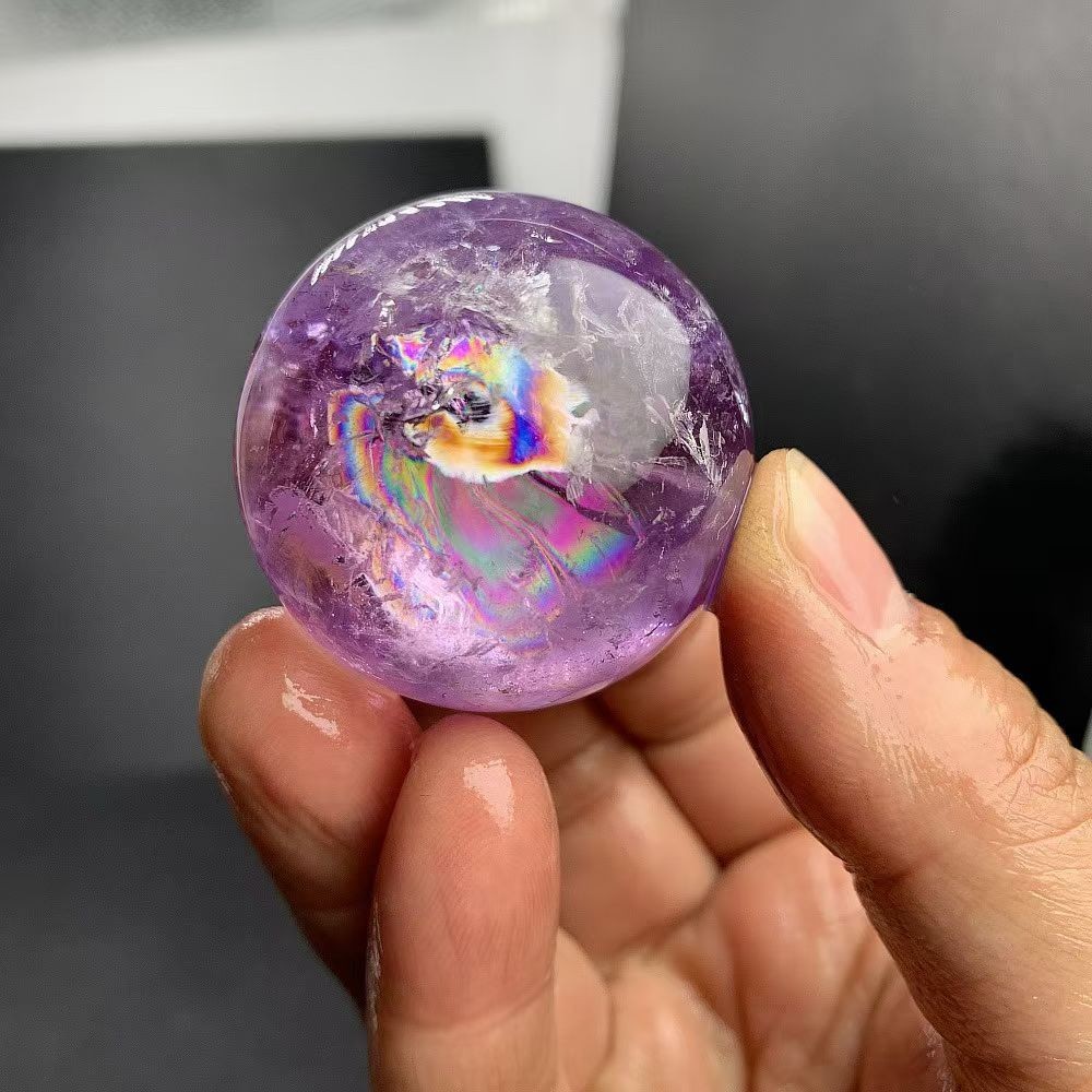 39mm Top Natural rainbow Amethyst sphere Quartz Crystal Carved Energy ball reiki