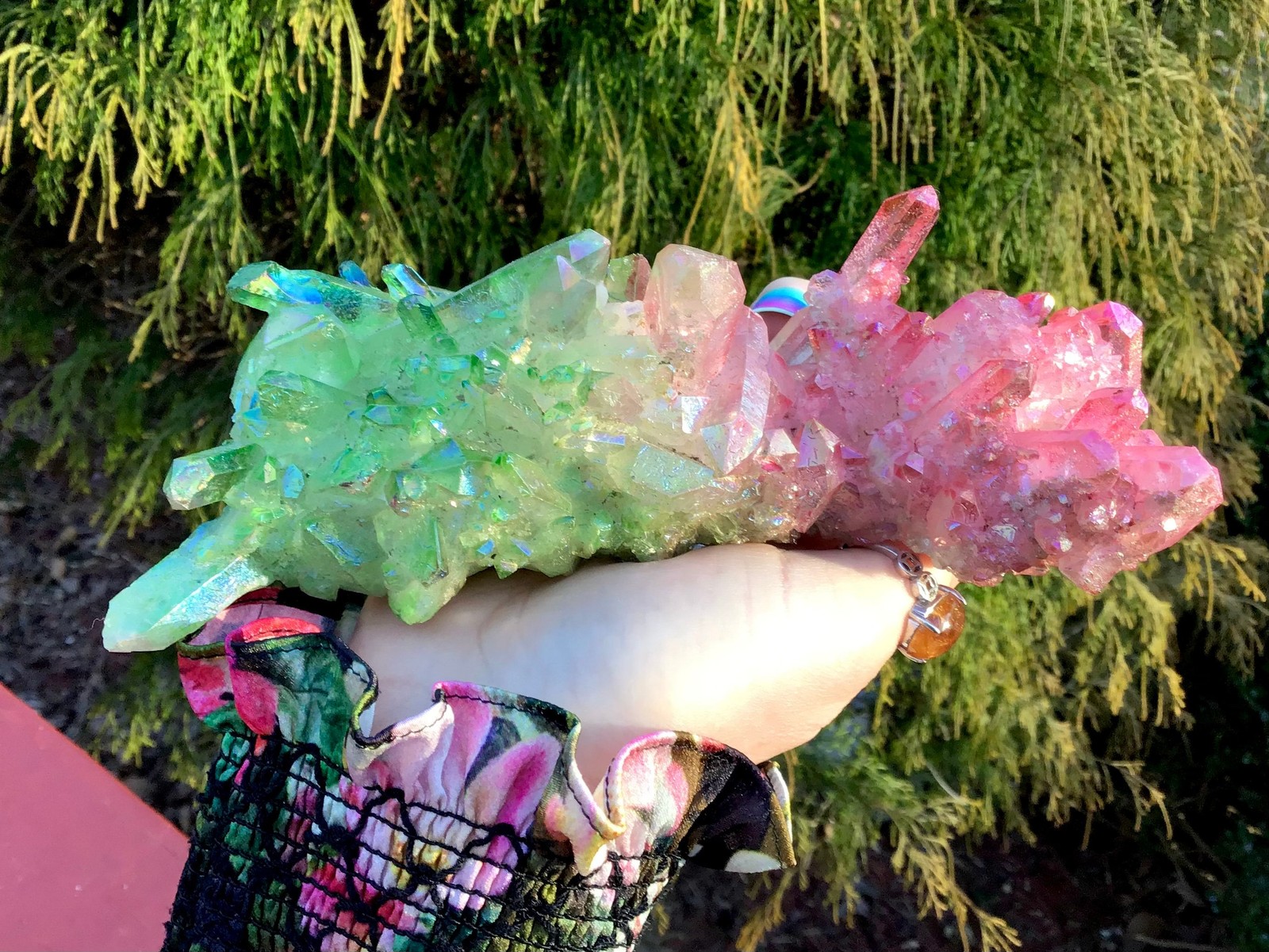 Pink & Green Aura Quartz Crystal Cluster ~ Large 1 Lb. 4 oz. ~ 7″ Long ~ Electr
