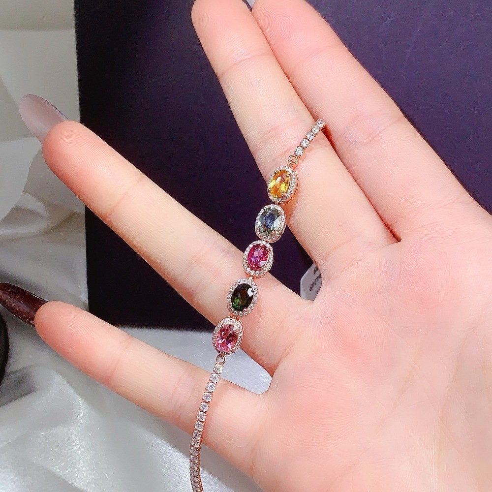 Natural Tourmaline Ruby Gemstone Emerald bracelet S925 Silver Plated 18K Gold