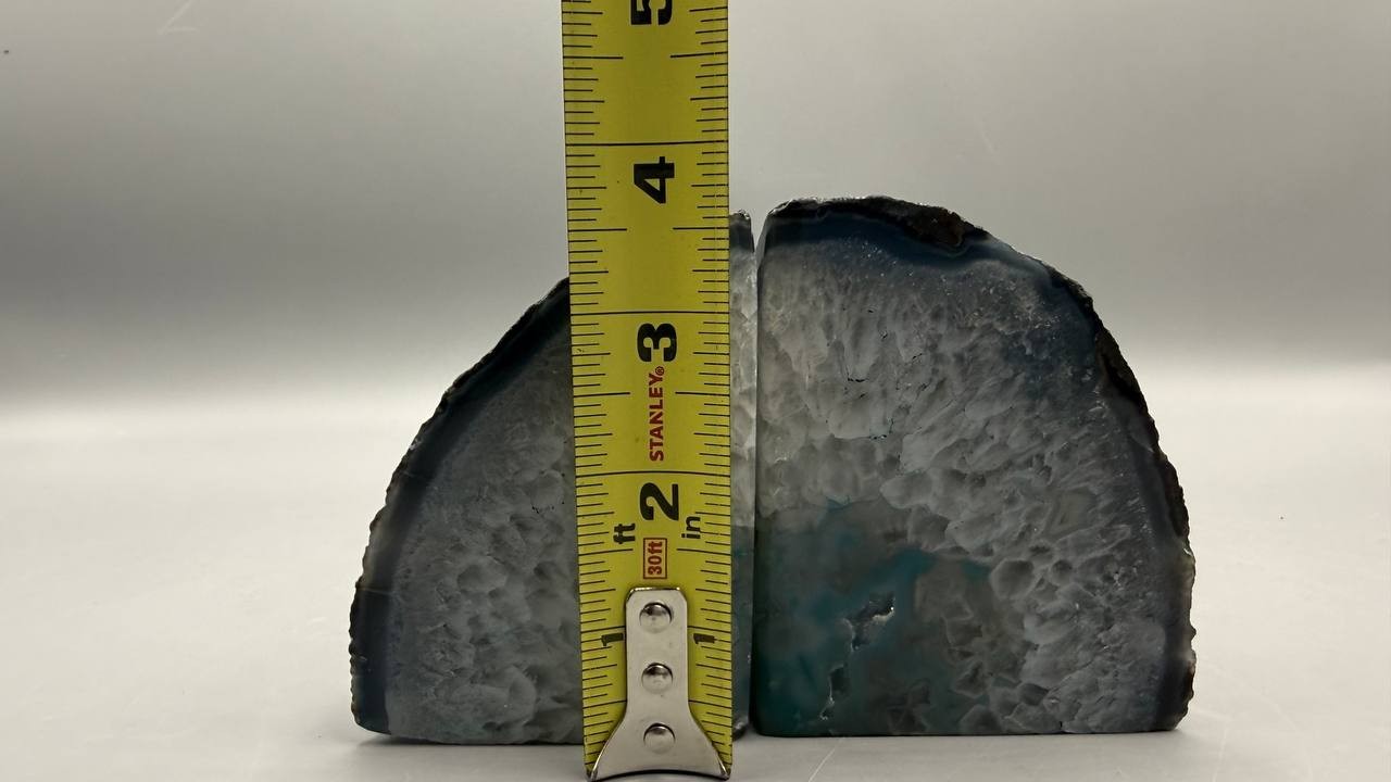 Natural Blue Agate Geode Bookends Pair 6 in Polished Crystal Stone Heavy Decor