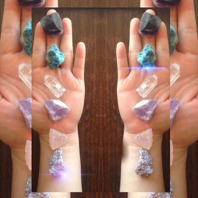 Quartz Crystal Beginner Set Starter Kit w/ 6 Raw Natural Minerals & Stones Geode
