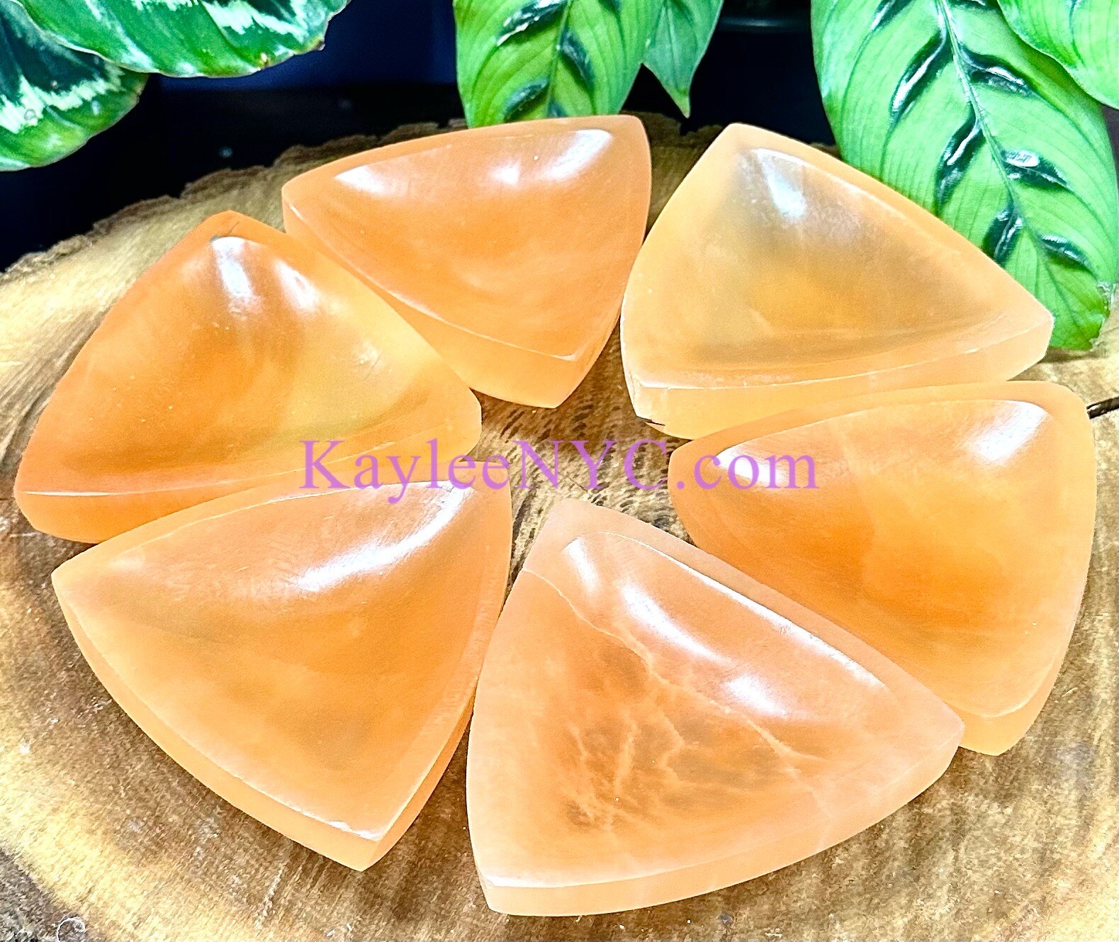 Wholesale Lot 6 PCs Natural Peach Selenite aka Satin Spar Triangle Bowls Crystal