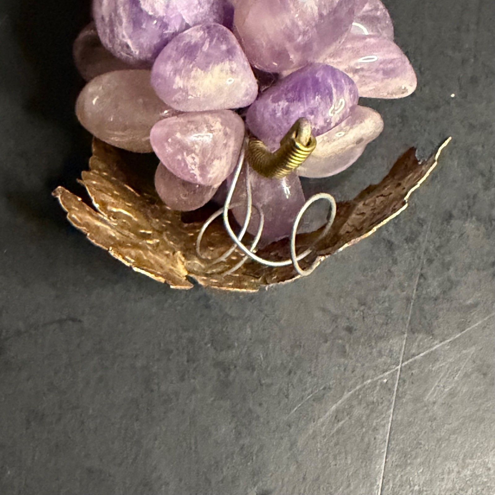 Polished Amethyst Purple Quartz Crystal Grape Cluster Brass Leaf Paperweight