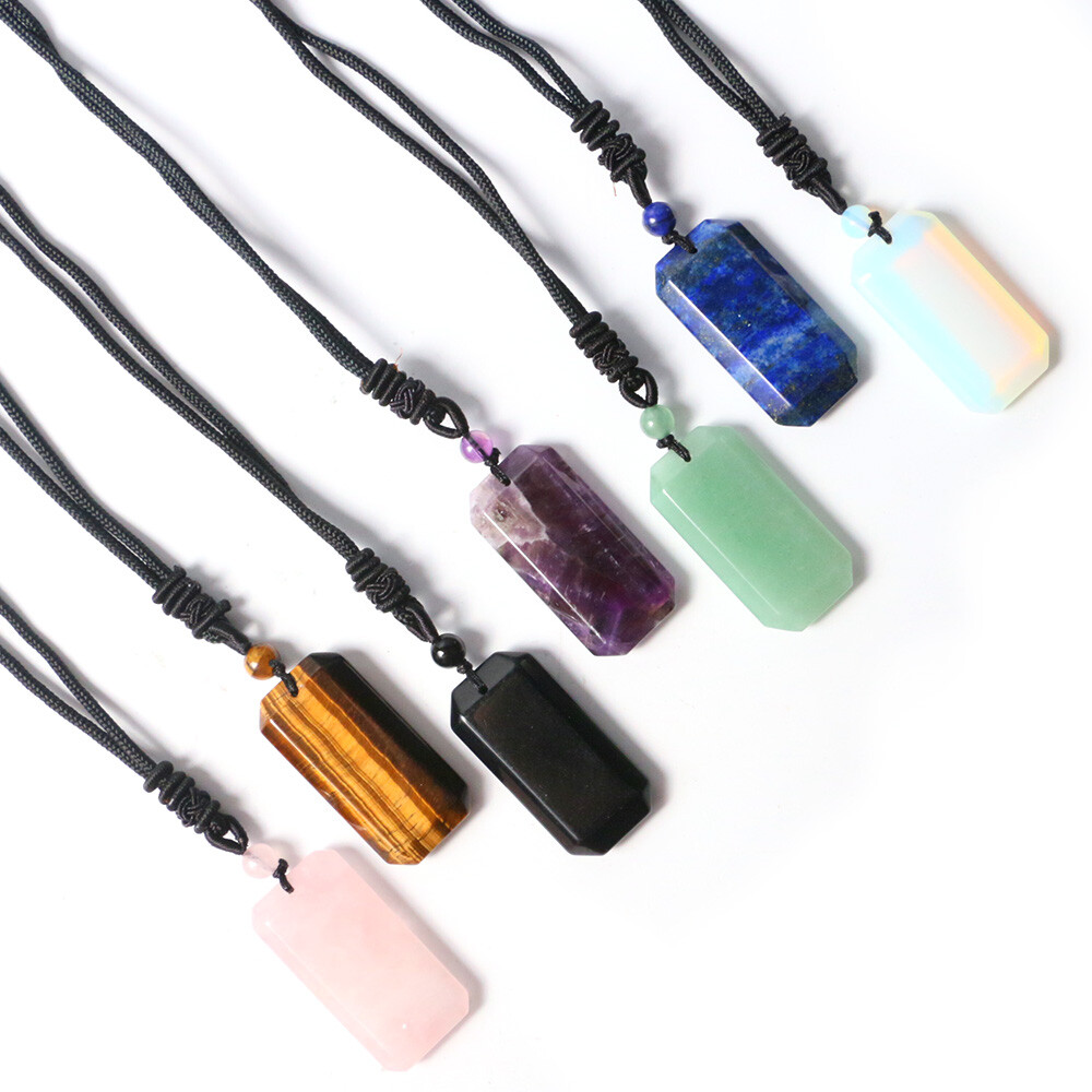 Natural Crystal Rectangle Necklace Chakra Stone Square Bead Pendant Healing Gift