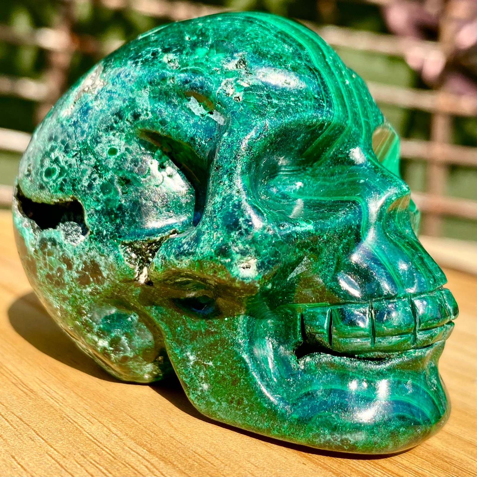 391G Malachite Crystal Skull, Hand Carved Gemstone Fine Art Sculpture