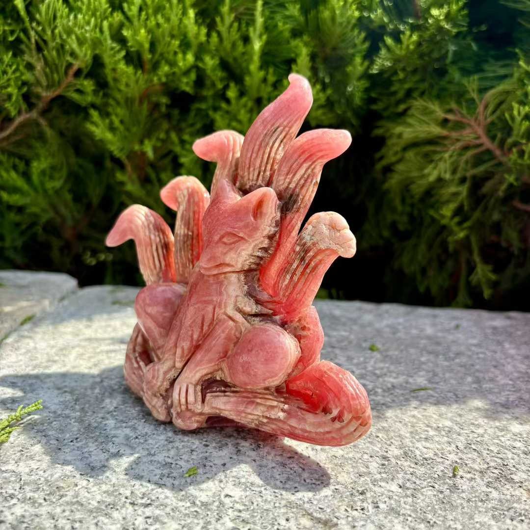 449g Natural Rhodochrosite Quartz Carved Nine-tailed fox Skull Crystal Reiki