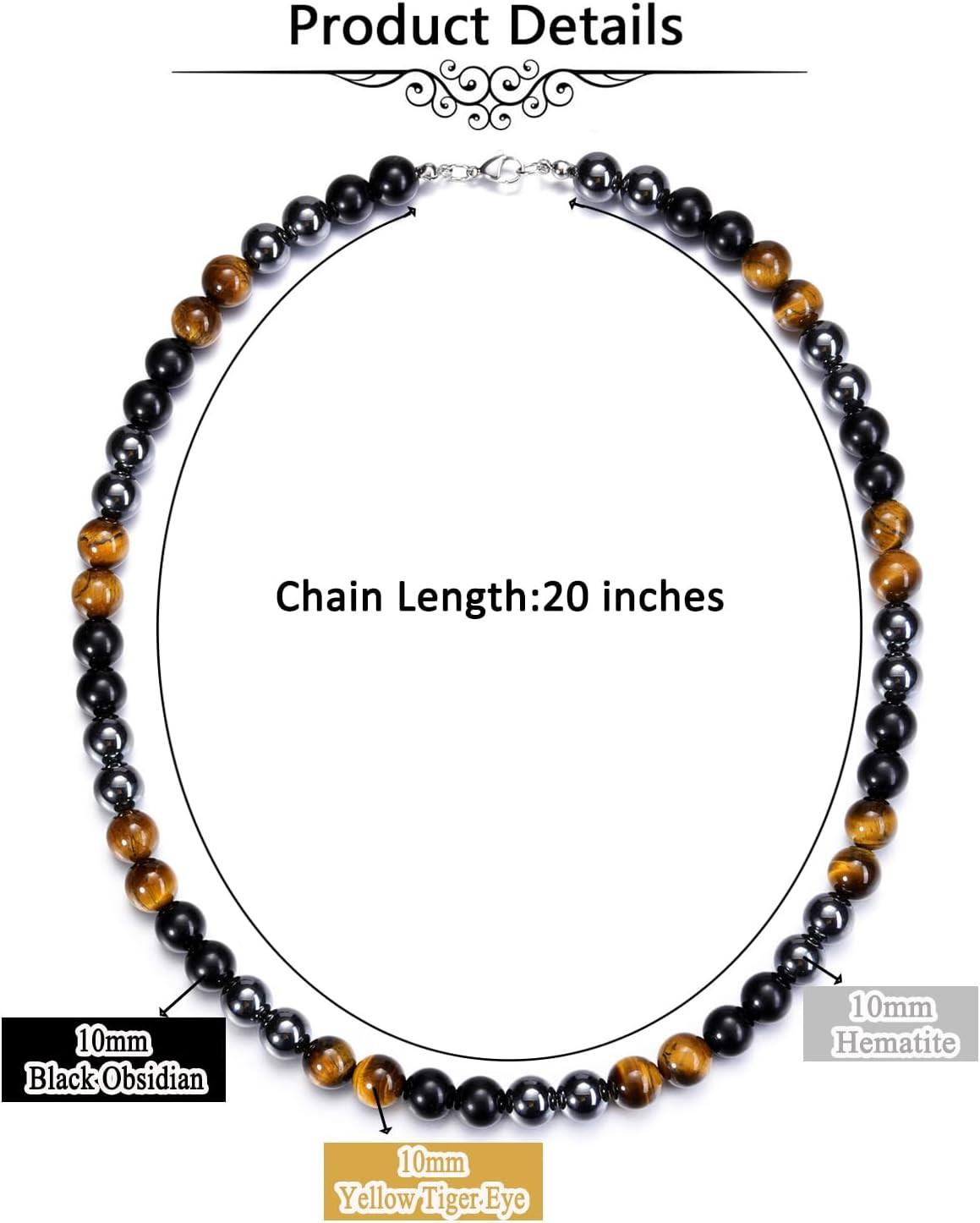 Jovivi Mens Healing Crystal Black Obsidian Tigers Eye Hematite Beaded Necklace N