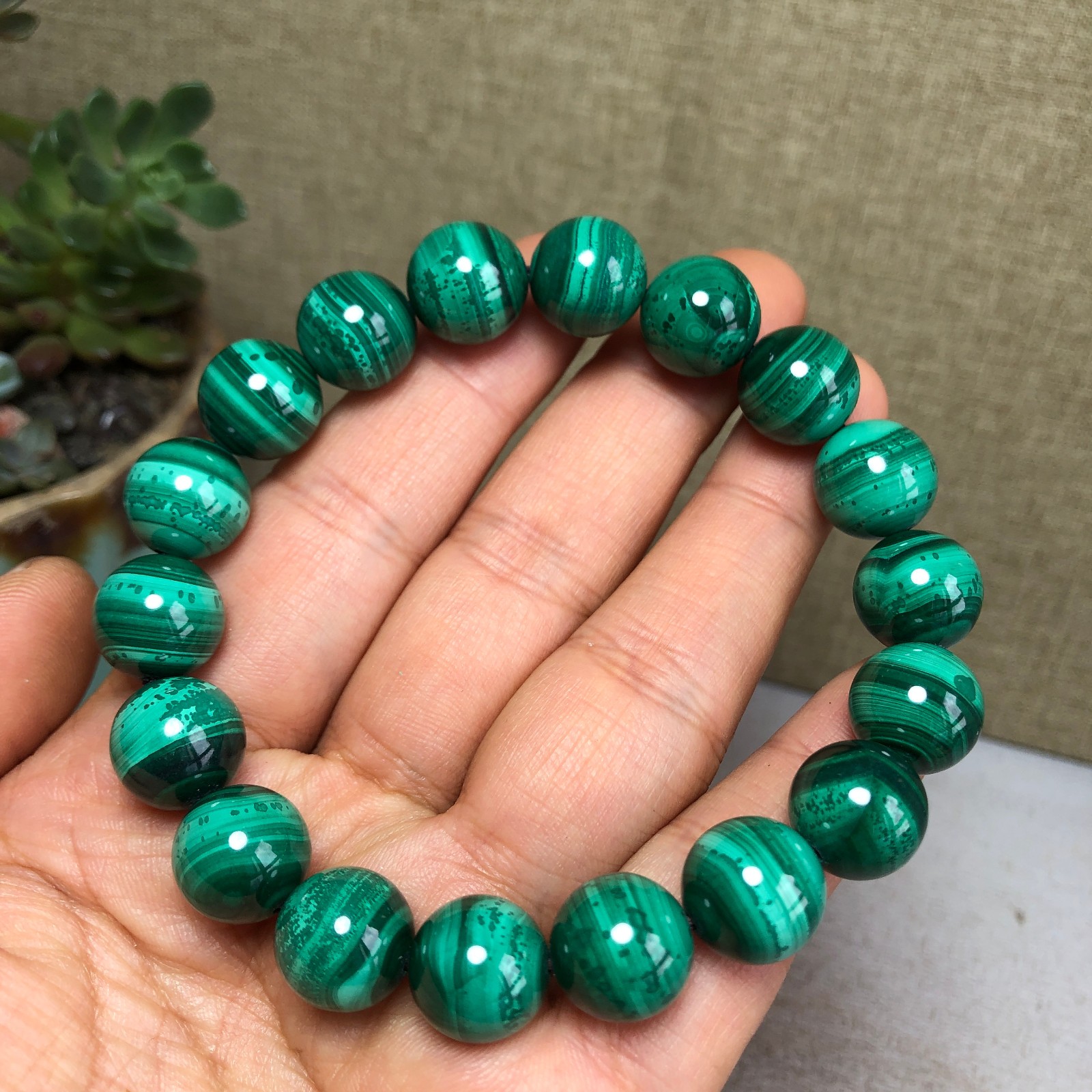 12mm Natural malachite gemstone Crystal chain beads bracelet 67g A4759