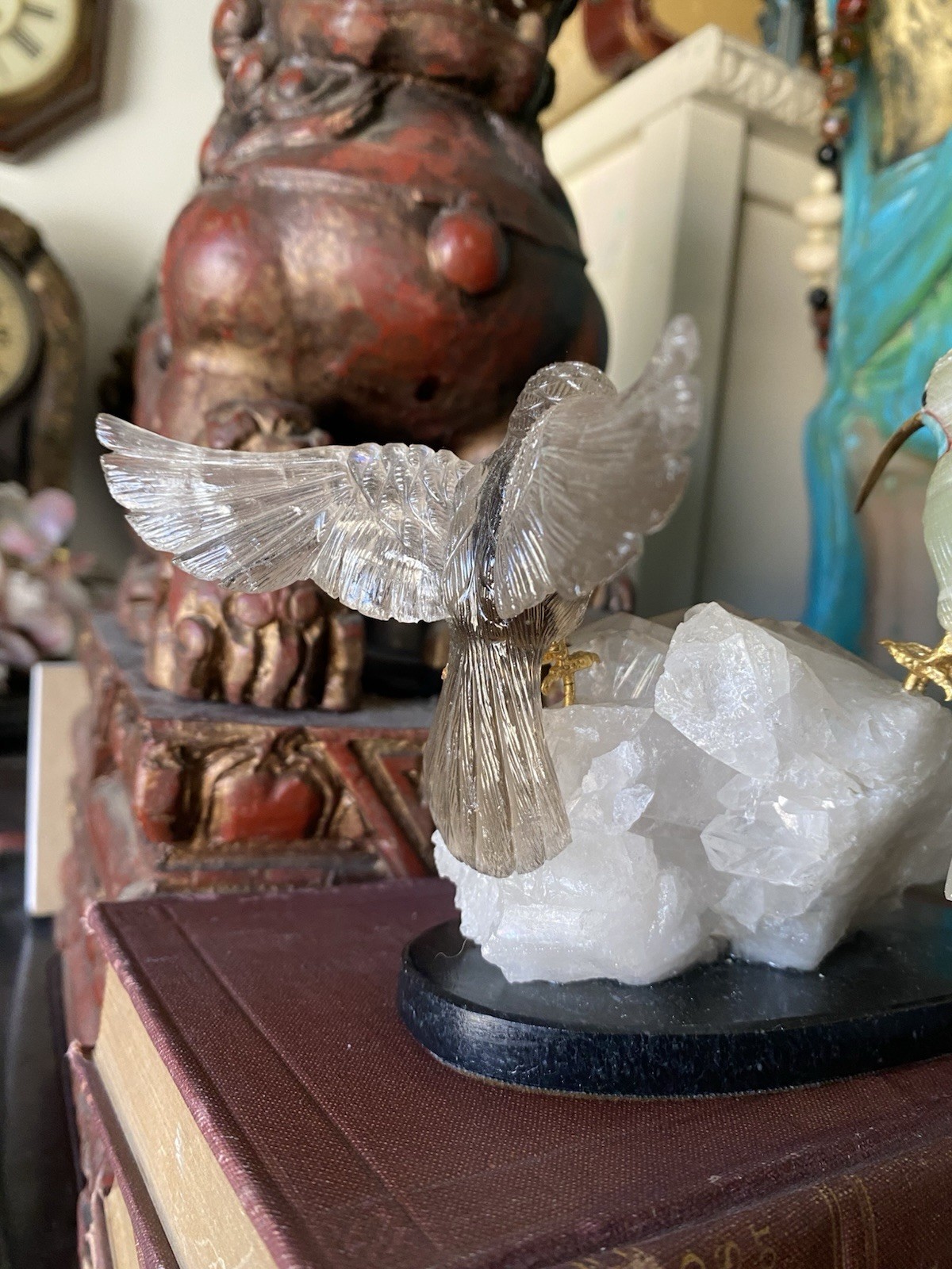 Peter Muller Hand Carved Smokey Quartz, Marble, Quartz Hummingbirds On Quartz