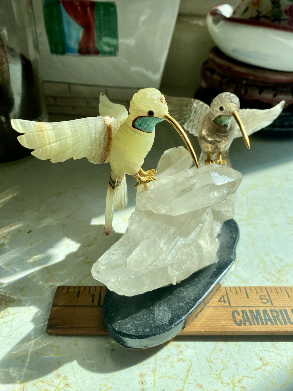 Peter Muller Hand Carved Smokey Quartz, Marble, Quartz Hummingbirds On Quartz