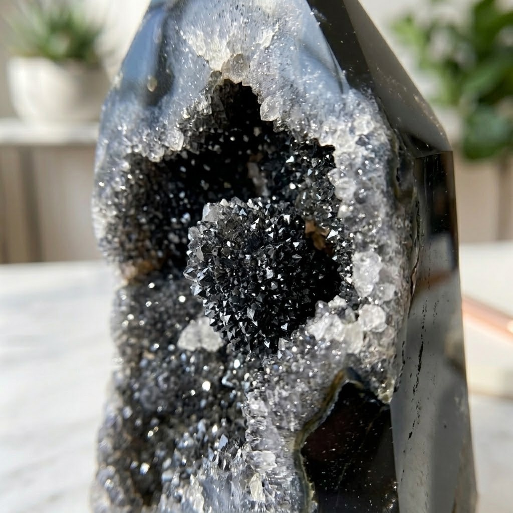 Rare Black Sphalerite Point Natural Geode Tower Specimen Home Decor Art 3-3.5″