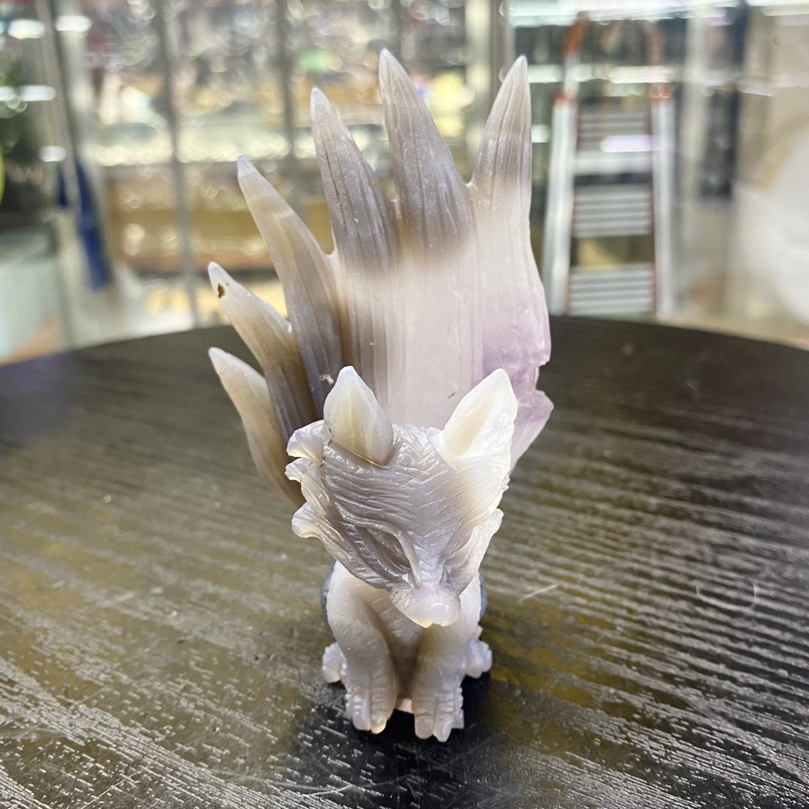 189G Natural Agate Geode Hand Carved Nine-tailed Fox Quartz Crystal Decor