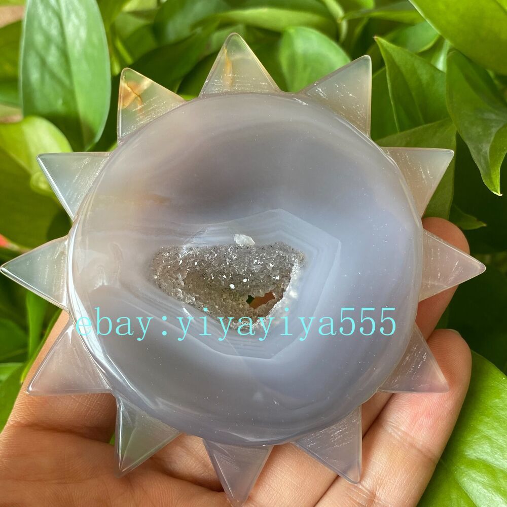 Natural Geode Agate quartz Hand Carved sun Quartz Crystal Healing