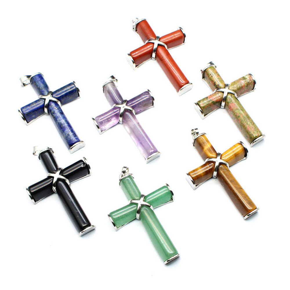 Natural Chakra Crystal Cross Pendant Gems Stone Amulet Energy Reiki Healing Gift