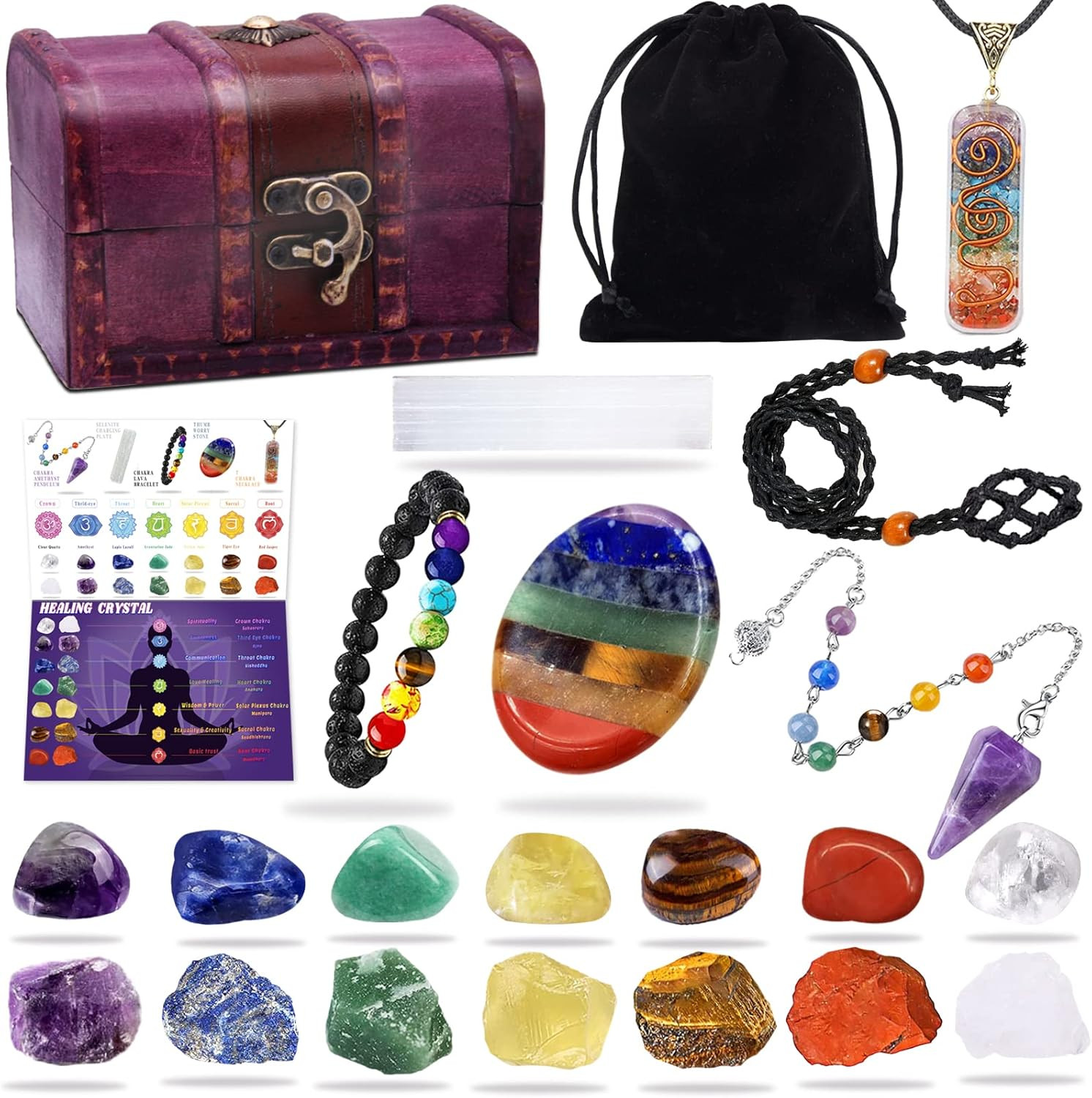 Boramdo 22Pcs Healing Crystals Set, Chakra Quartz Kits Wooden Box 7 Raw 7 Tumble