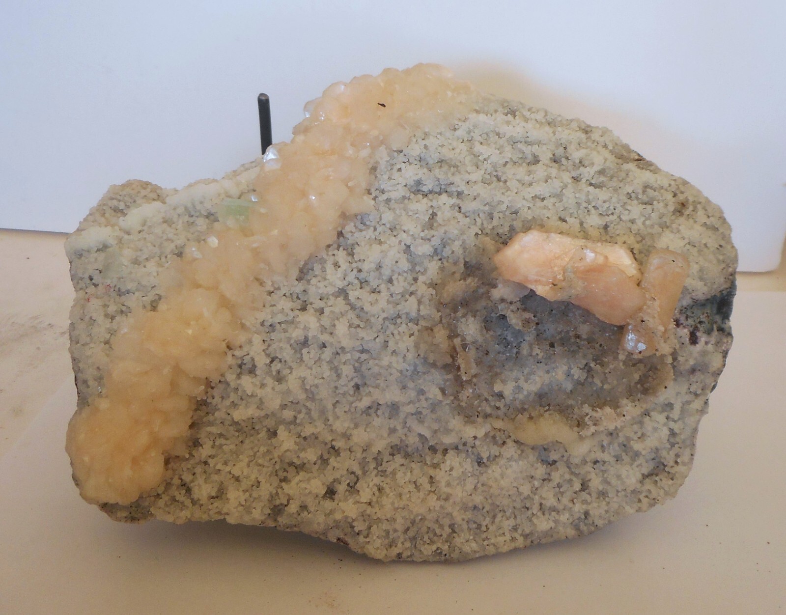 Huge Pink Stilbite, Green Apophyllite, Quartz Crystal Cluster Plate. 7.0 inches