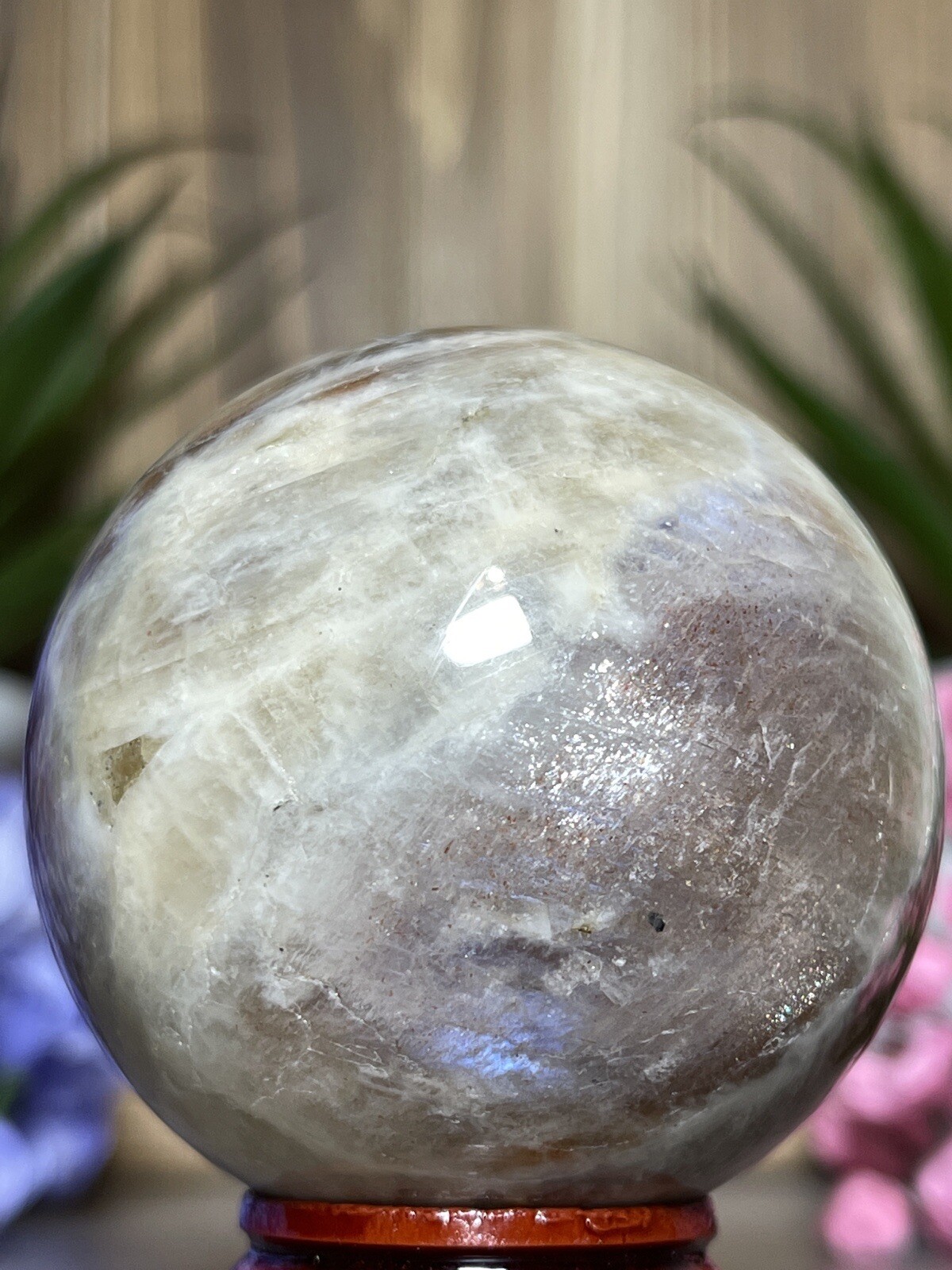 52mm MOONSTONE SUNSTONE SPHERE – Crystal Blue Feldspar Orange Mineral Witch 202g