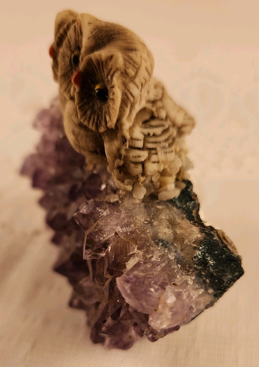 geode amethyst geode quartz cluster crystal with two resin owls perched 2.75in T