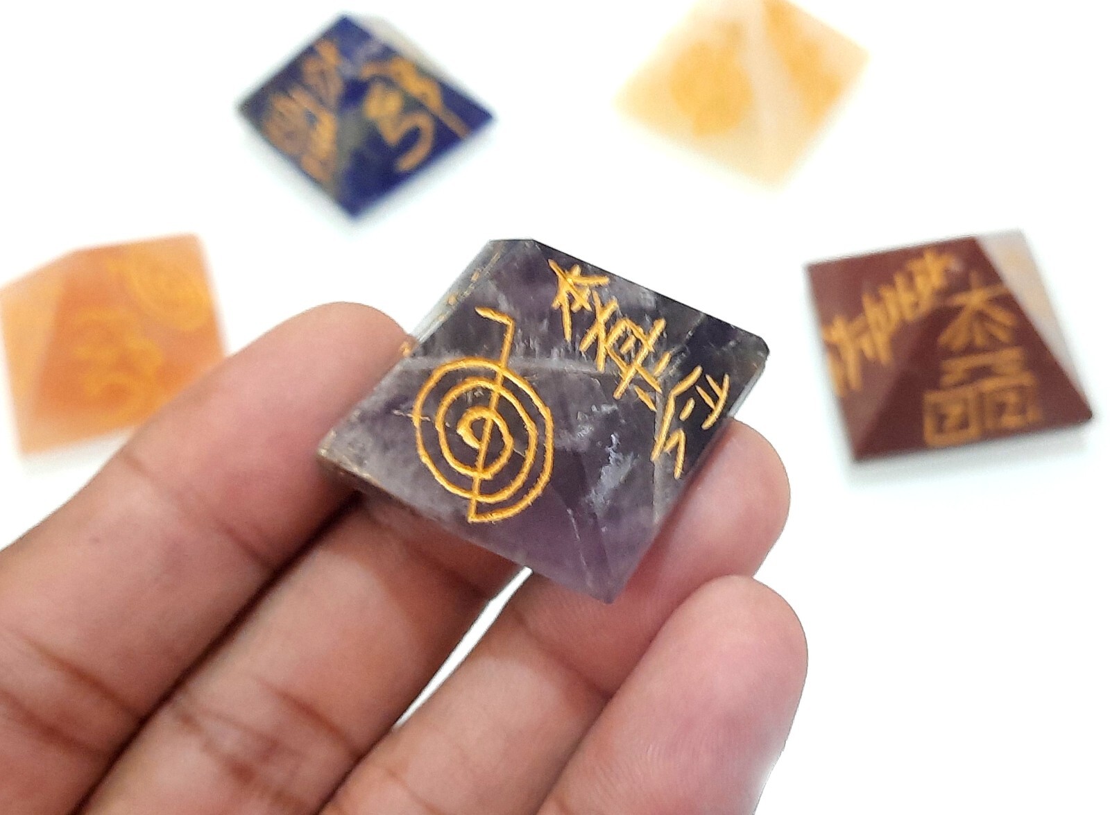 Reiki Sign Engraved Chakra Stone Pyramid Set 7 Chakra Reiki Pyramid Set